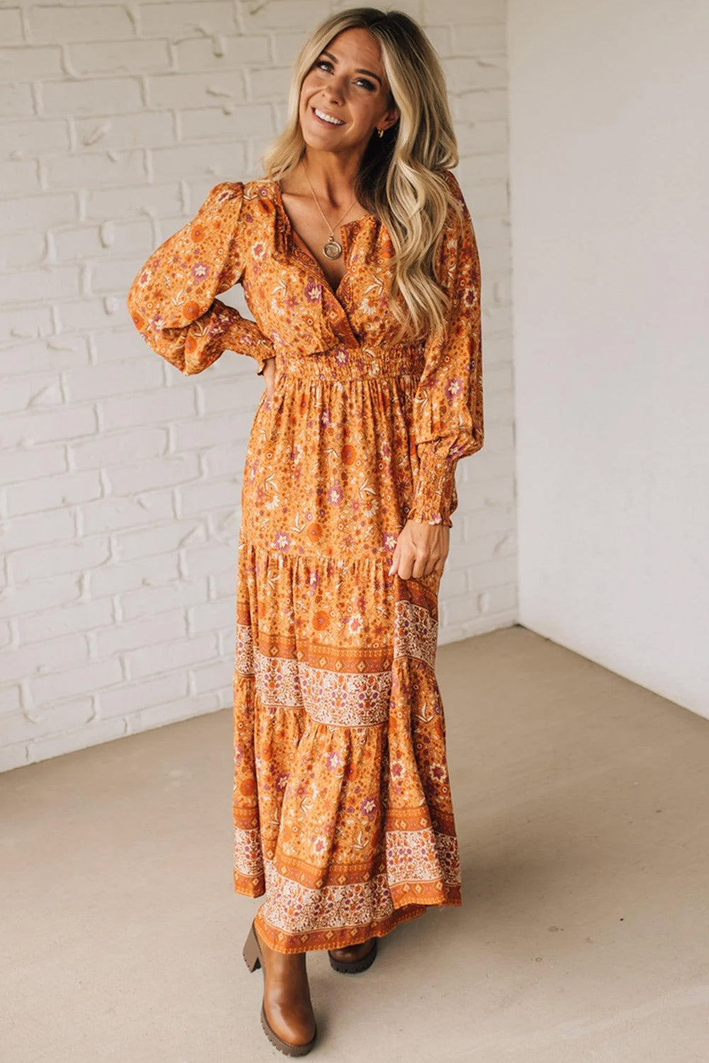 Women's Orange Floral Boho Maxi Dress Smocked Waist Puff Sleeve Tiered S-XL at LivelyLooks