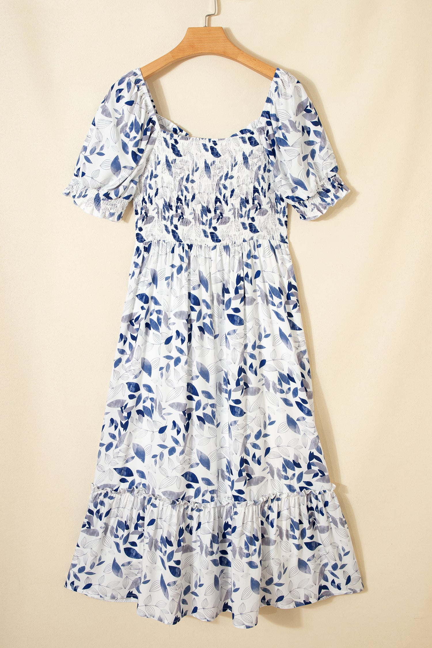Sky Blue Floral Midi Dress Smocked Bodice Short Puff Sleeve Tiered Women S-XL