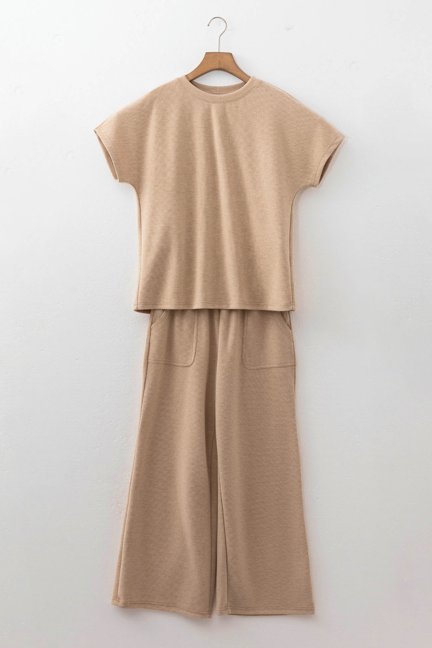 Beige Ribbed Short Sleeve Top & Casual Trousers Set | UK 8–18
