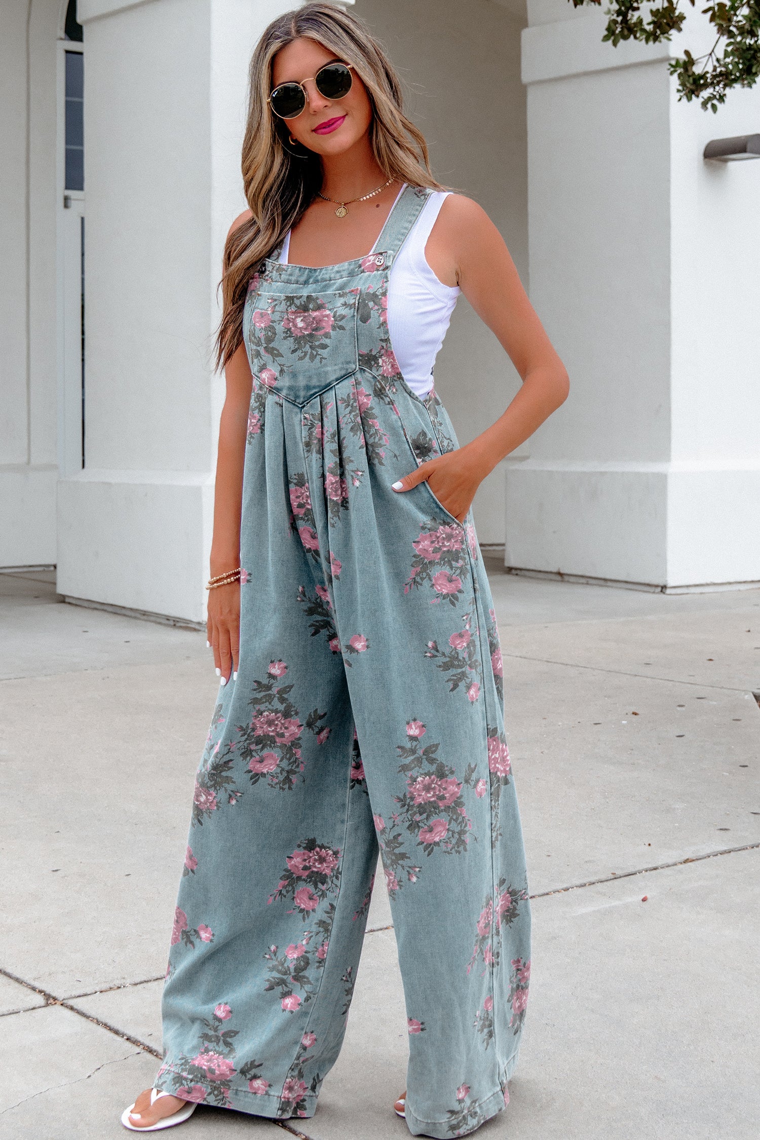 Floral Print Pleated High Waist Wide Leg Denim Jumpsuit | S-XL