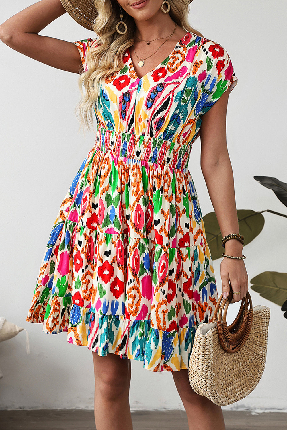 Women's Abstract Print V-Neck Dolman Sleeve Ruffle Tiered Mini Dress S-XL at LivelyLooks