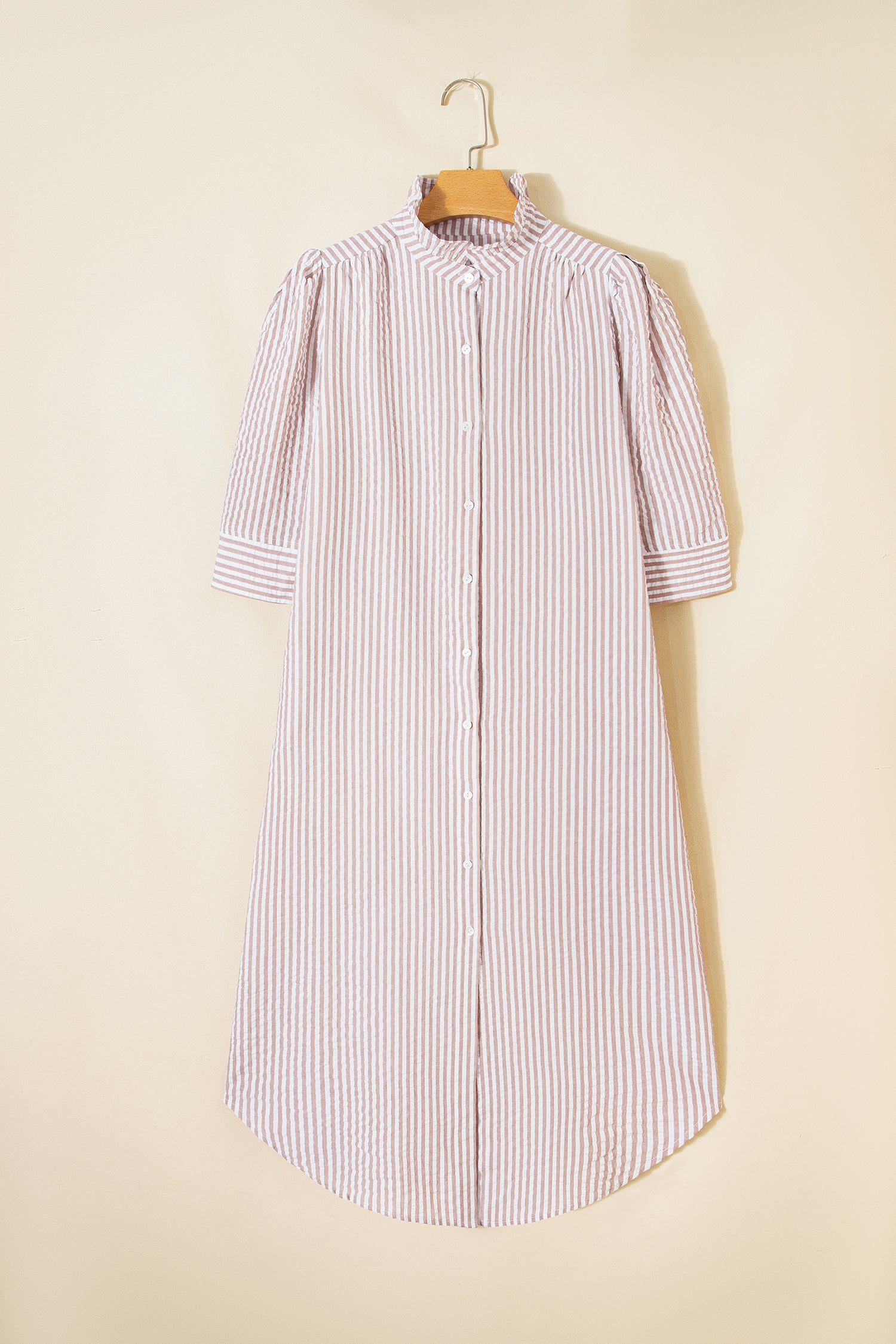 Khaki Stripe Frilled Collar Shirt Maxi Dress | Half Sleeve
