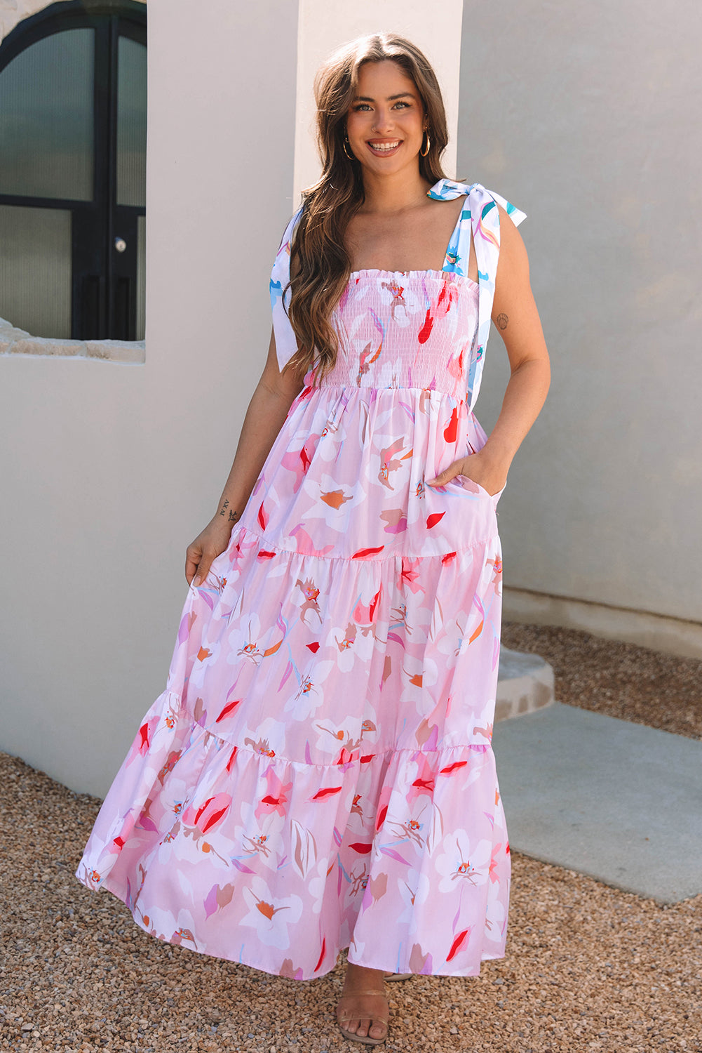 Women's Pink Floral Print Knotted Shoulder Smocked Maxi Dress Summer Boho Casual Sundress at LivelyLooks