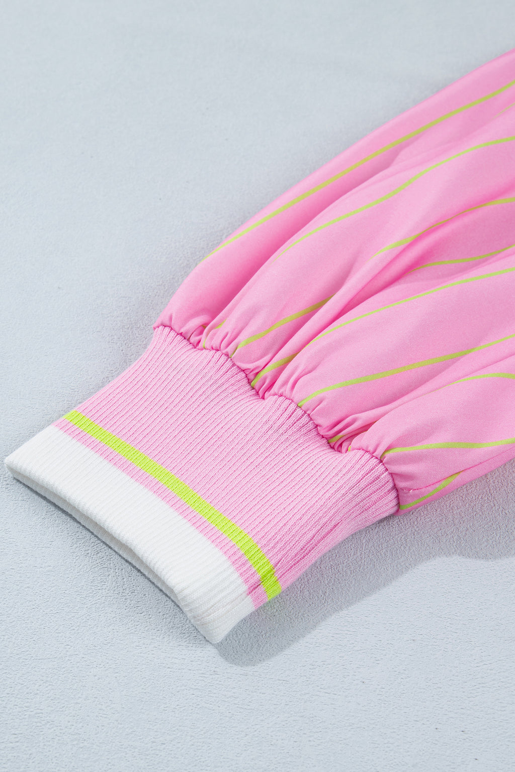 Pink Stripe V-Neck Half Sleeve Zip Ribbed Cuff Casual Blouse