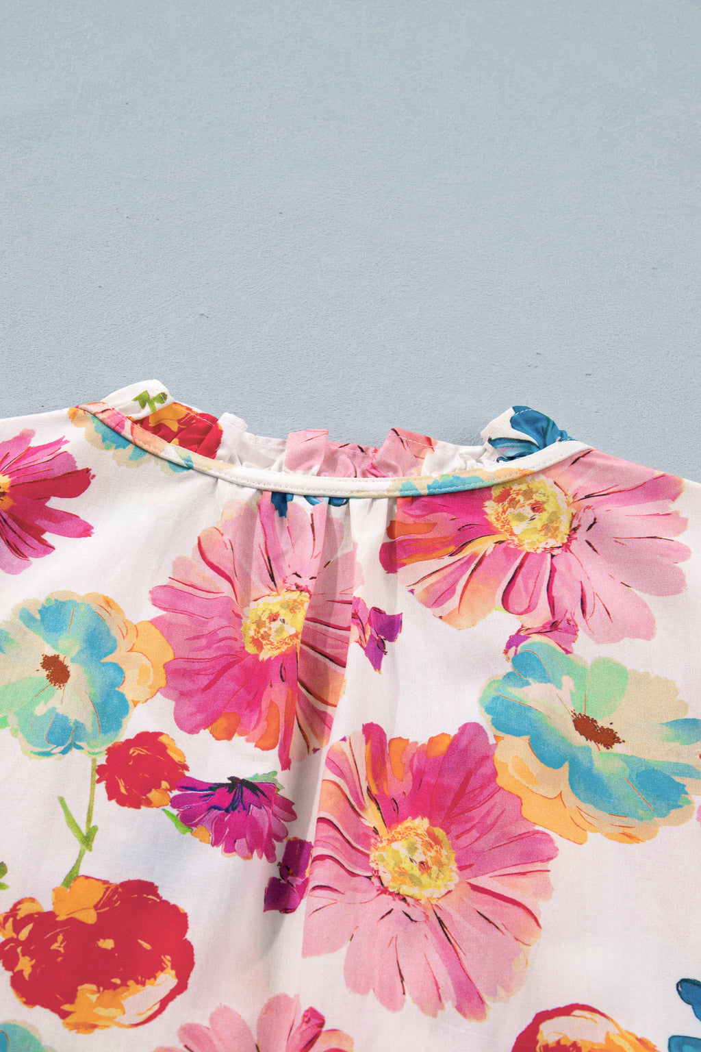 Beige Floral Blouse Tie V Neck Short Puff Sleeve Summer Women S-XL