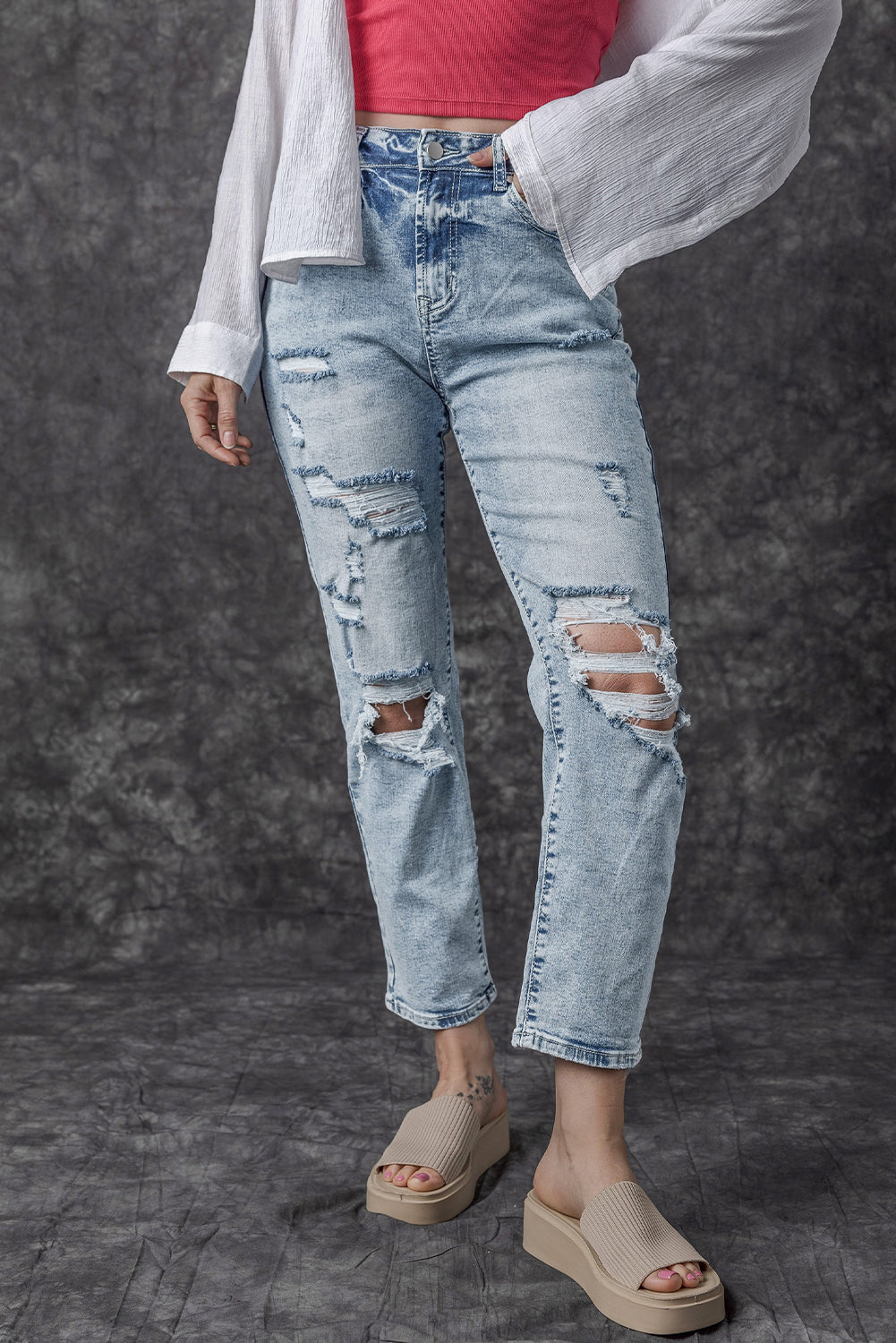 Women's Women's Light Wash Slim Fit Jeans Frayed Hem High Waist Sizes 6-16 at LivelyLooks