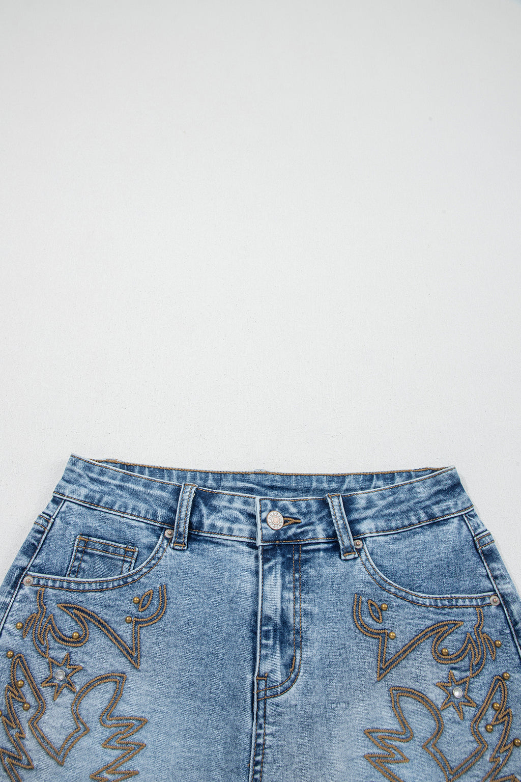 Dusk Blue Western Embroidery Denim Shorts Stud Detail Frayed Hem Women UK 4-16