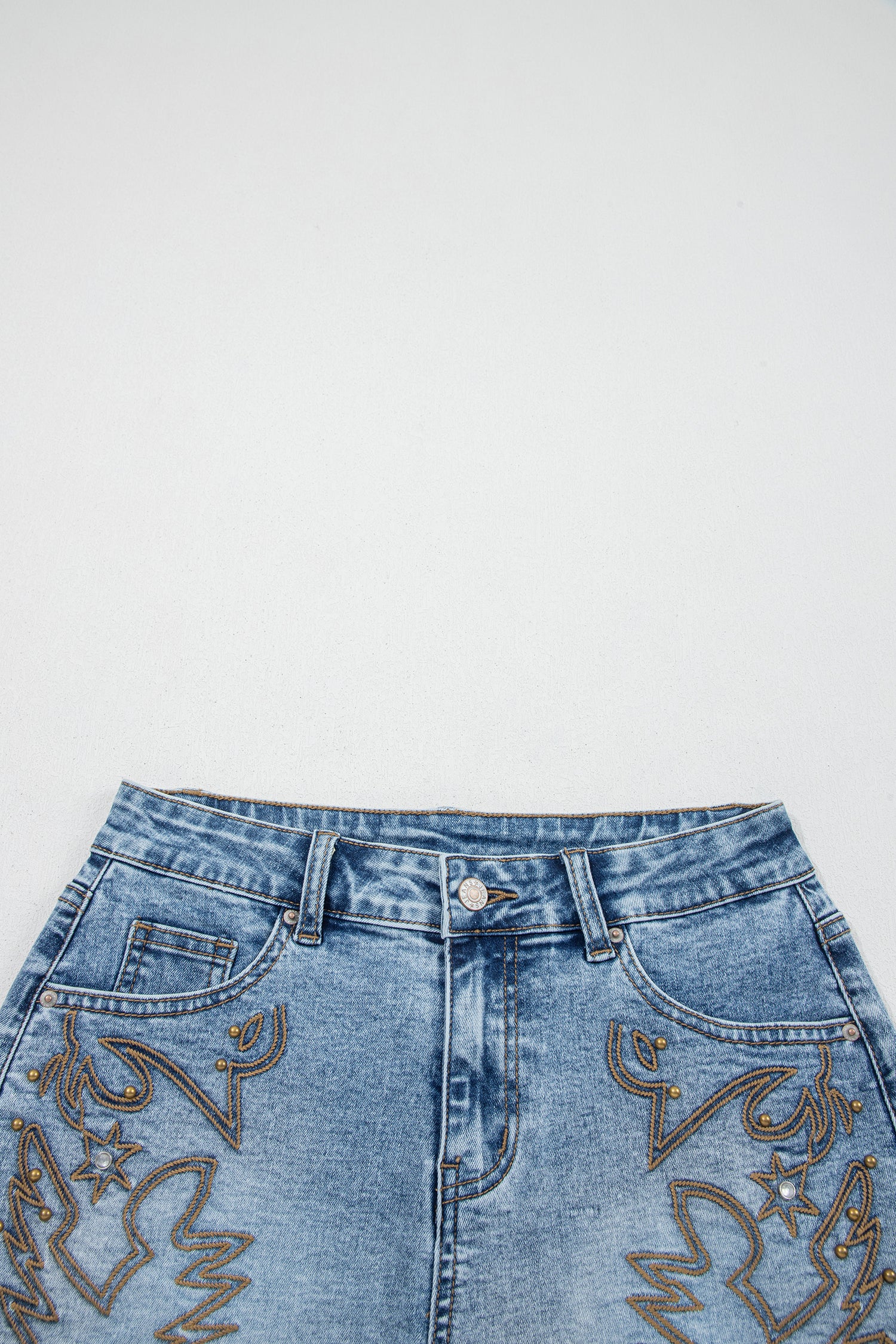 Dusk Blue Western Embroidery Denim Shorts Stud Detail Frayed Hem Women UK 4-16