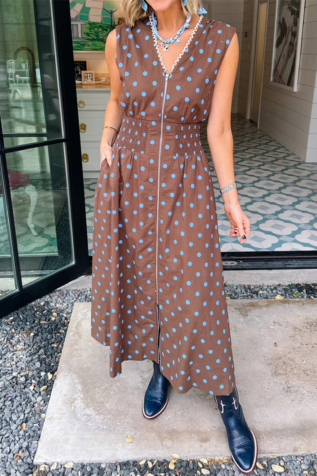 Brown & Black Polka Dot Contrast Trim V Neck Zip Up Sleeveless Dress S-XL
