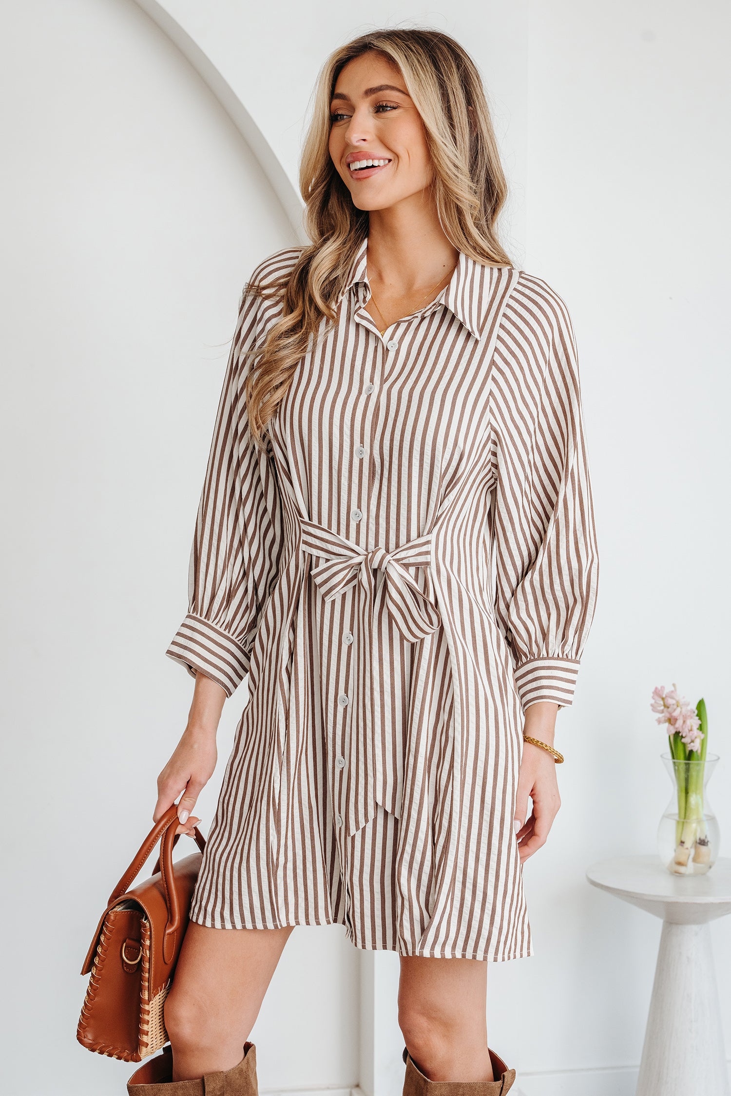 Brown Stripe Knot Waist Puff Sleeve Button Down Mini Shirt Dress S-XL
