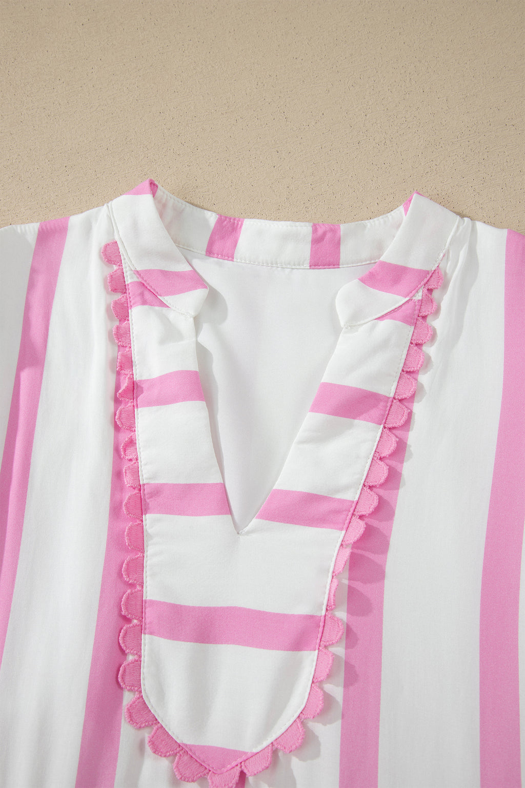 Shop Women's Stripe Ricrac Trim Notched V-Neck Puff Sleeve Midi Dress Pink at LivelyLooks