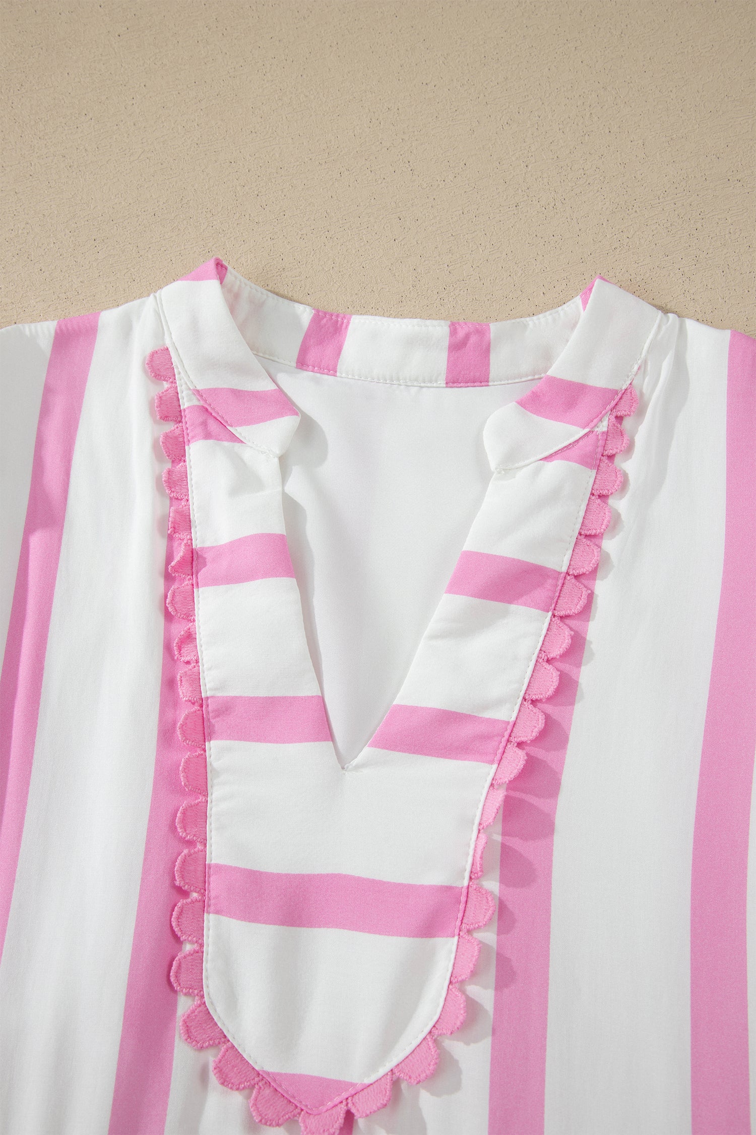 Shop Women's Stripe Ricrac Trim Notched V-Neck Puff Sleeve Midi Dress Pink at LivelyLooks