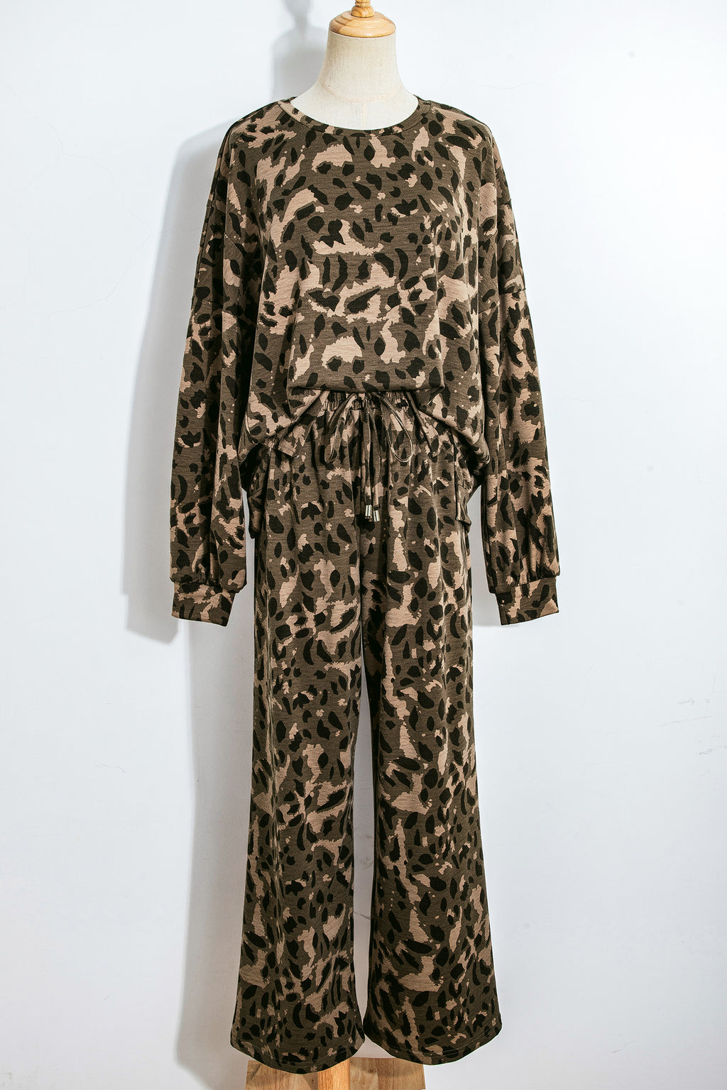 Leopard Print Raw Seam Pullover & Wide Leg Pant Set | Brown & Grey