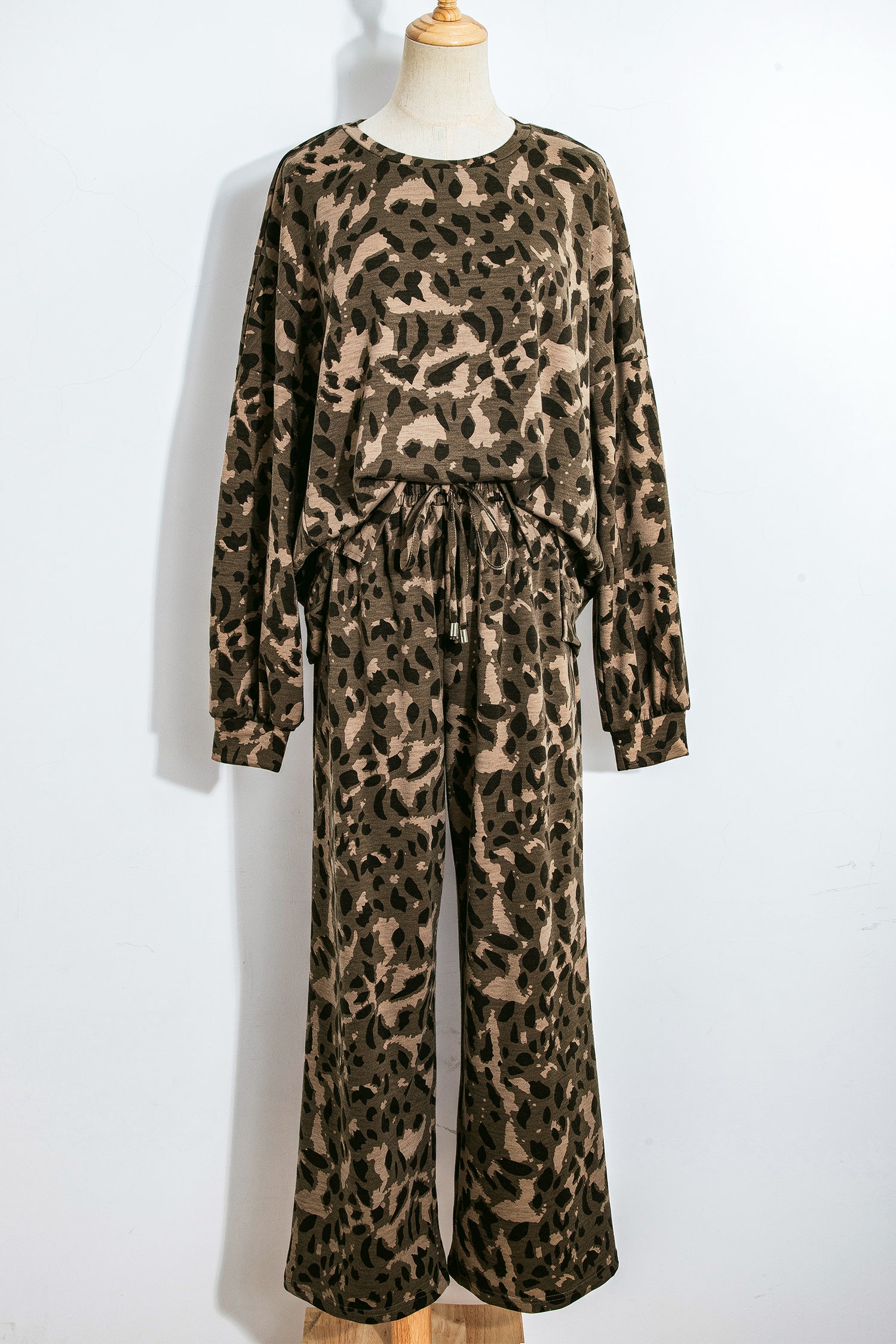 Leopard Print Raw Seam Pullover & Wide Leg Pant Set | Brown & Grey
