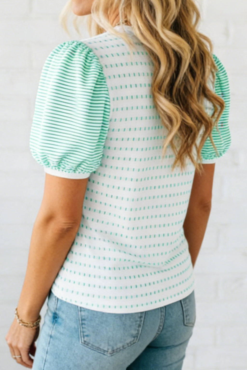 Green Striped Puff Sleeve Top Women High Stretch Casual Summer S-XL