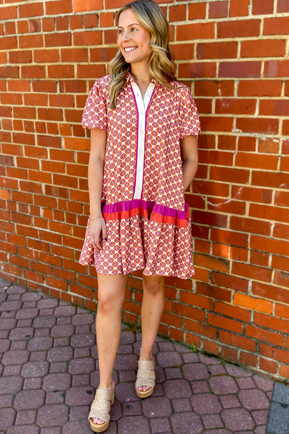 Orange Geometric Floral Colour Block Trim Button Front Ruffle Hem Dress S-XL