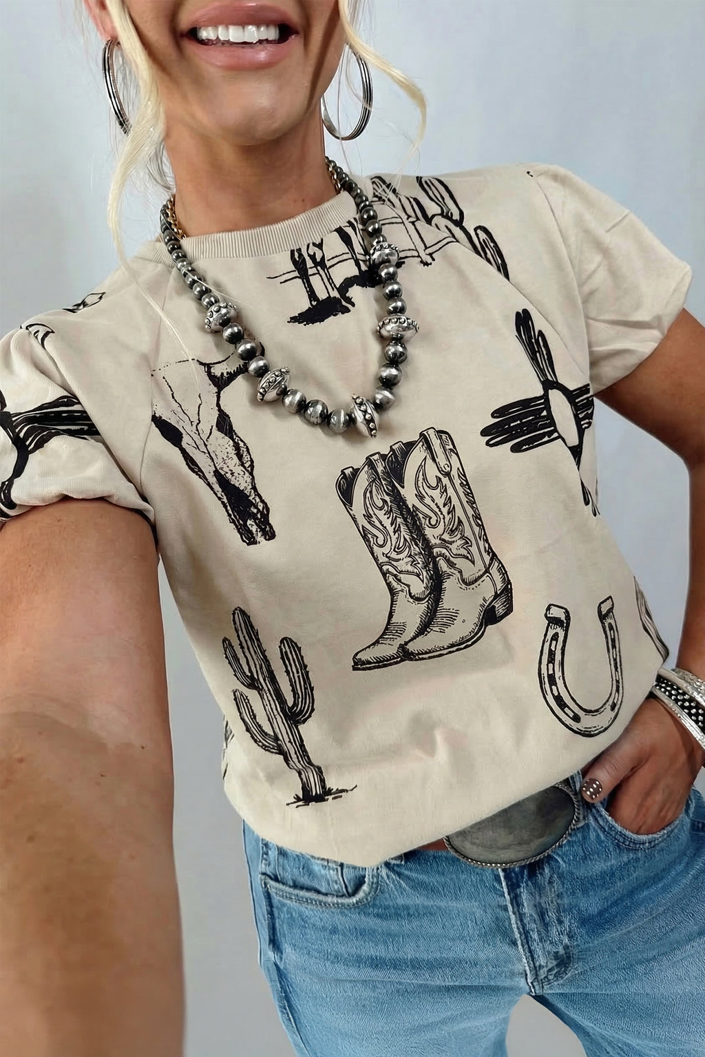 Beige Retro Western Print T-Shirt Cowboy Boots Cactus Short Sleeve Women S-XL