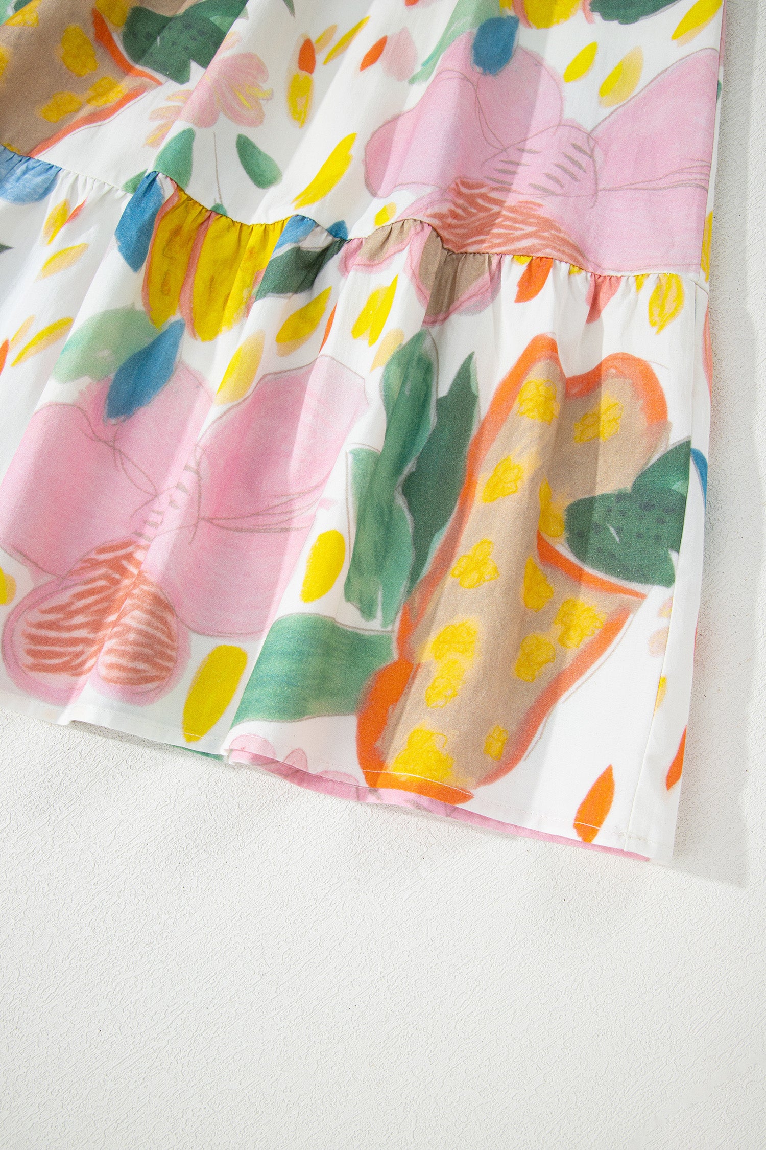 Multicolour Floral Doodle Print Striped Trim V Neck Midi Dress S-XL