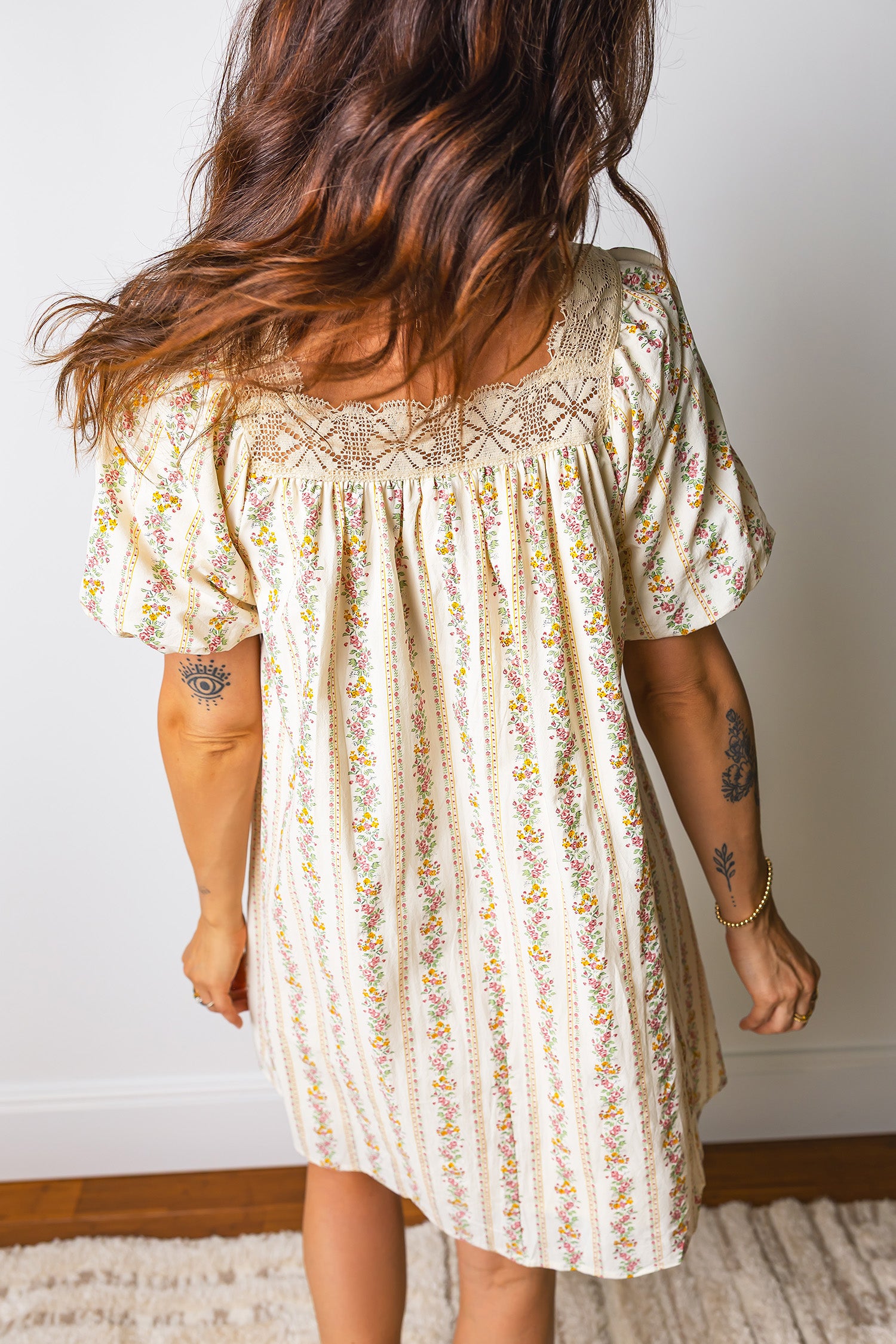 Multicolour Floral Ribbon Bow Lace Trim Square Neck Babydoll Mini Dress