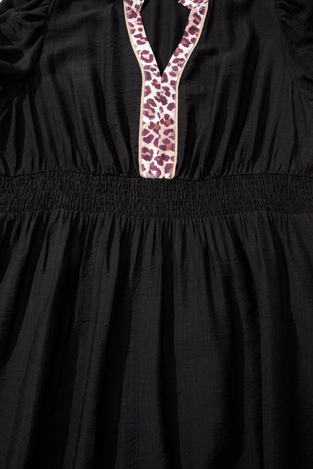 Women's Black Leopard V Neck Patchwork Smocked Waist Plus Size Ruffled Dress at LivelyLooks