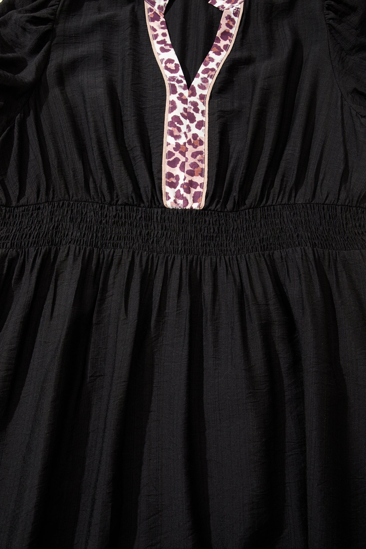 Women's Black Leopard V Neck Patchwork Smocked Waist Plus Size Ruffled Dress at LivelyLooks