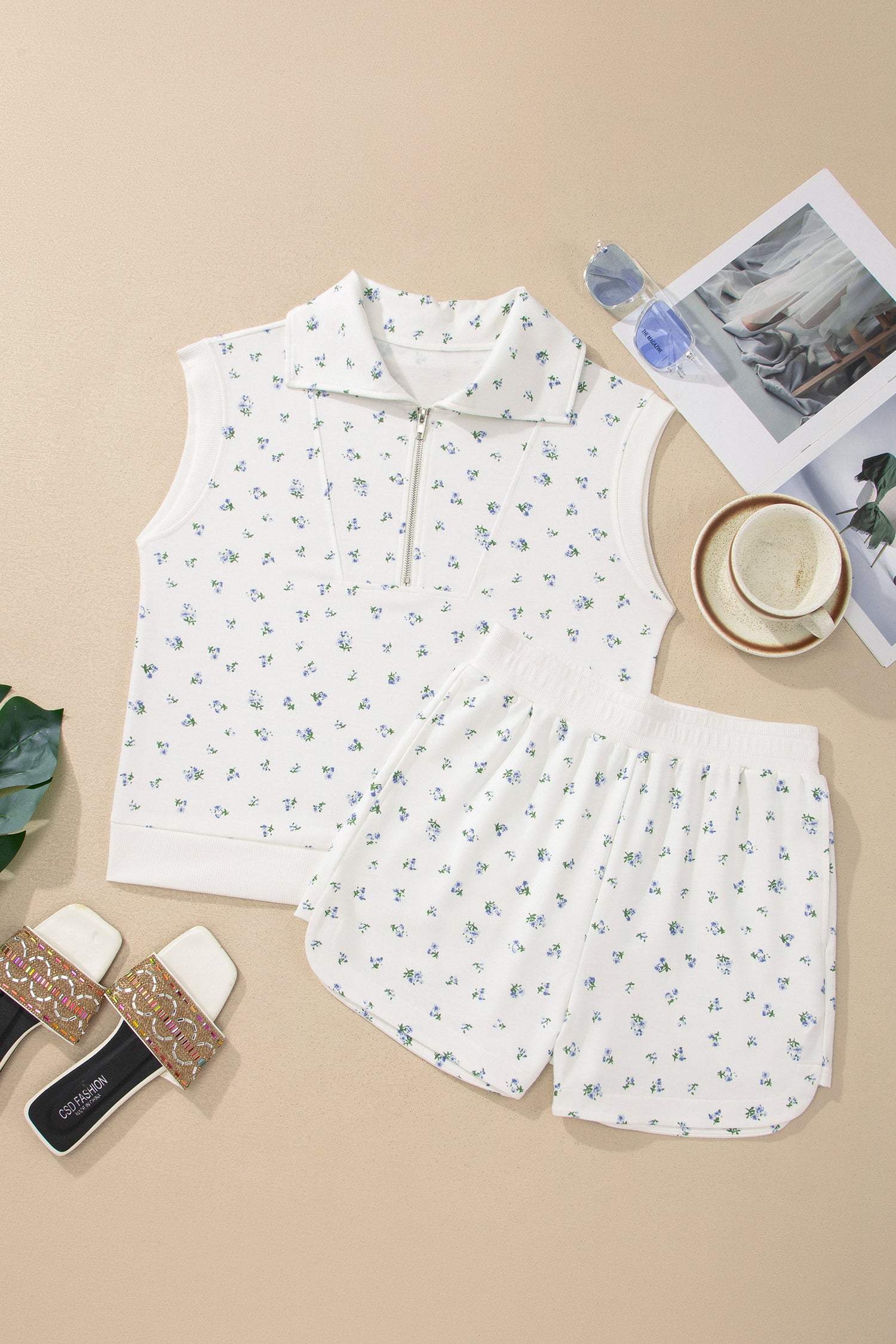 White Floral Print Half Zip Hoodie Top & Shorts Co-ord Set