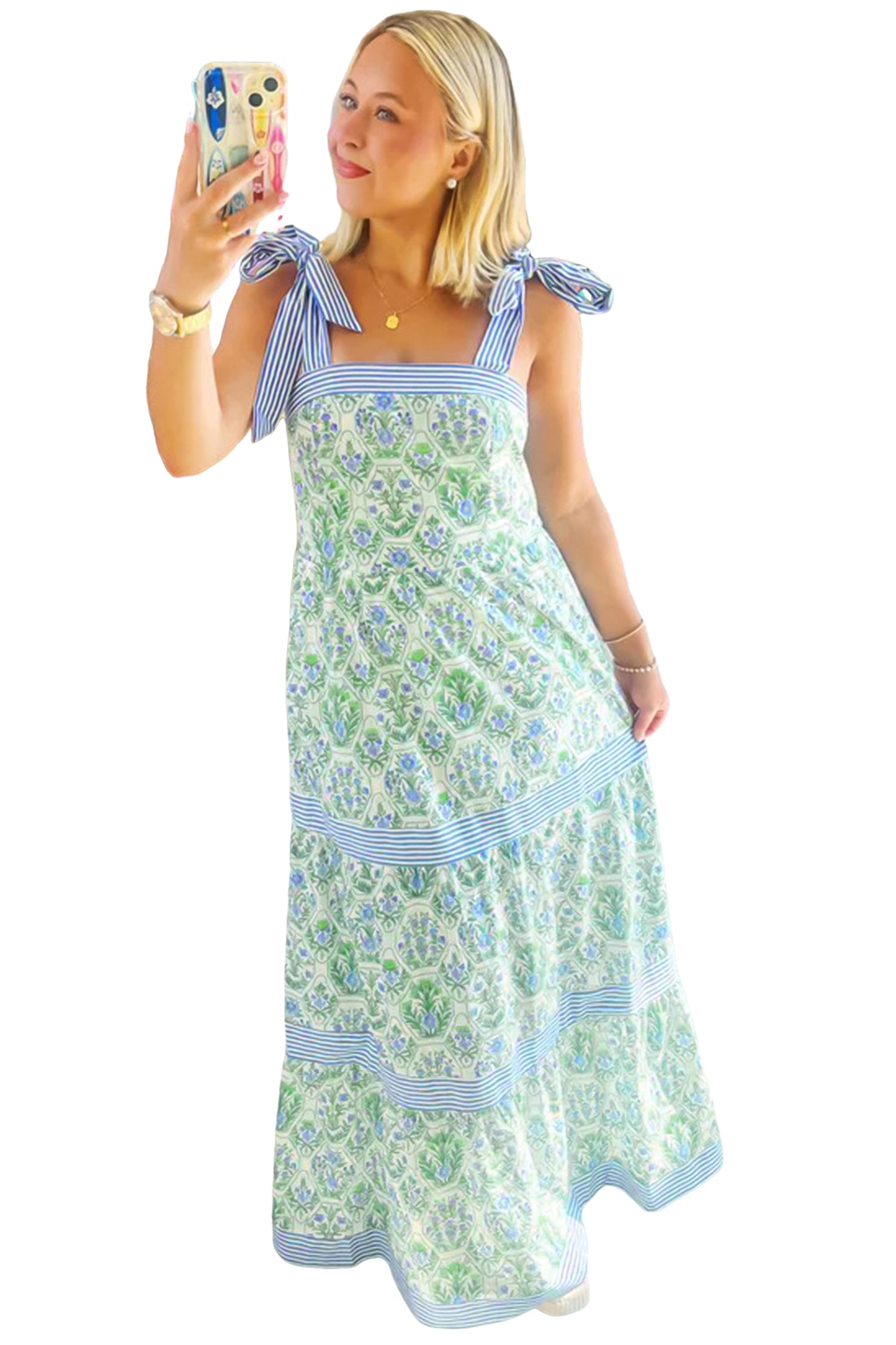 Green Geometric Floral Striped Patchwork Sleeveless Dress | Sizes 8-22