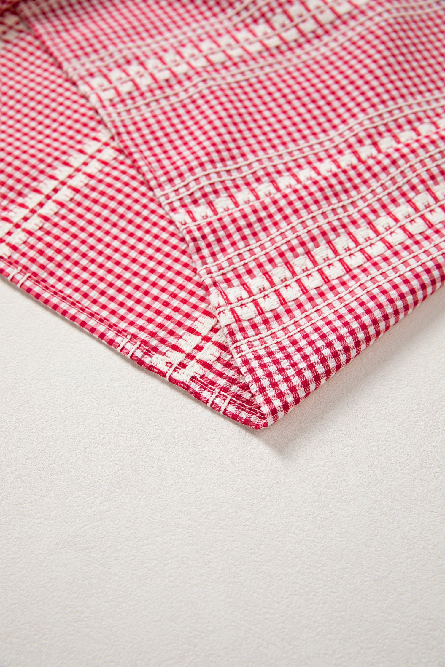 Red Brown Western Gingham Blouse Pony Embroidered Puff Sleeve S-XL