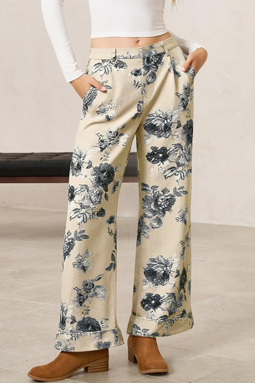 Beige Retro Floral Print Loose Jeans Turn-Up Cuffed Hem Women UK 4-16