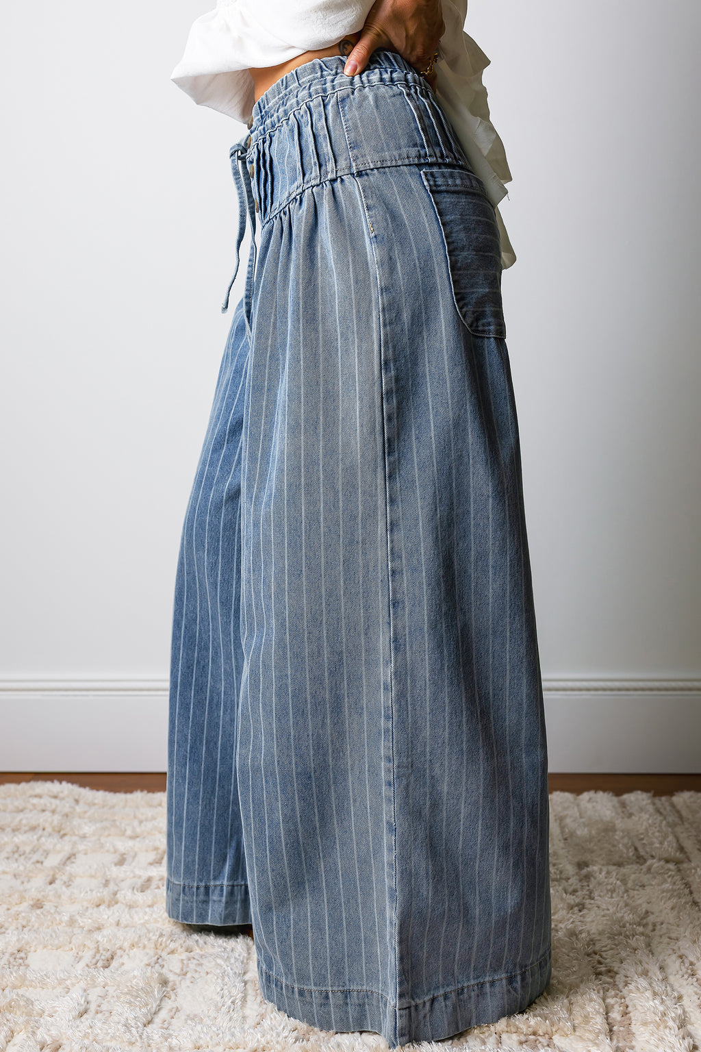 Shop Stripe Button Pleated Drawstring Waist Casual Wide Leg Jeans Denim Trousers Blue at LivelyLooks
