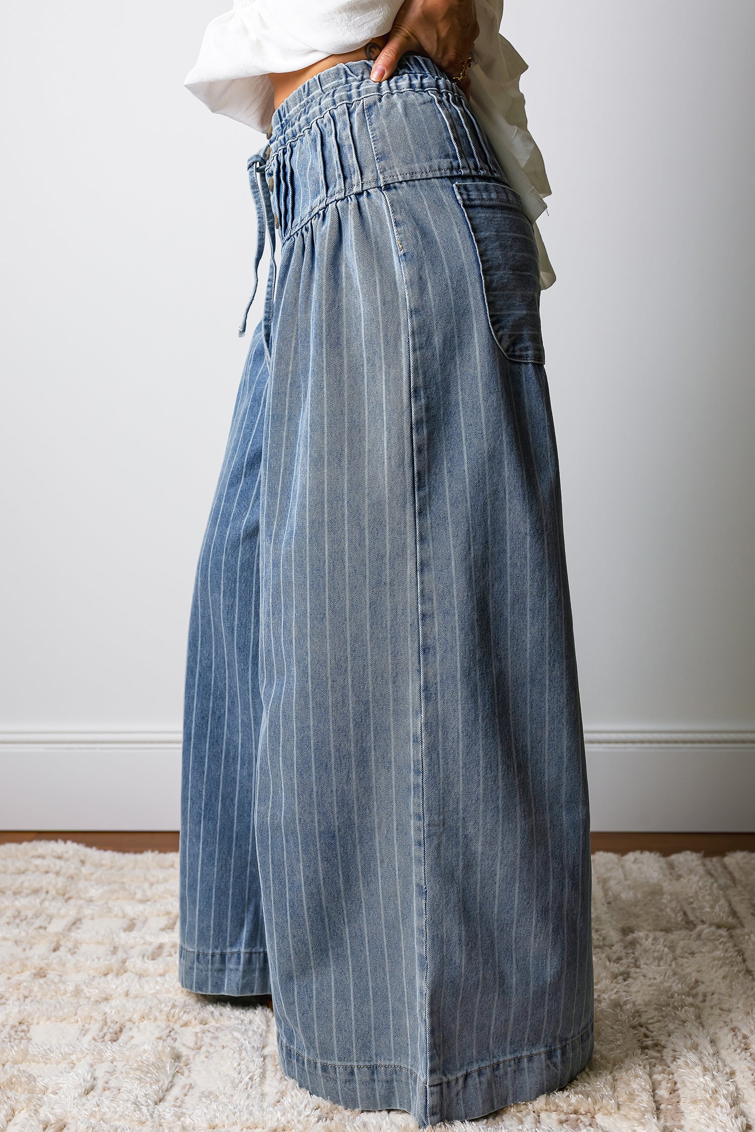 Shop Stripe Button Pleated Drawstring Waist Casual Wide Leg Jeans Denim Trousers Blue at LivelyLooks