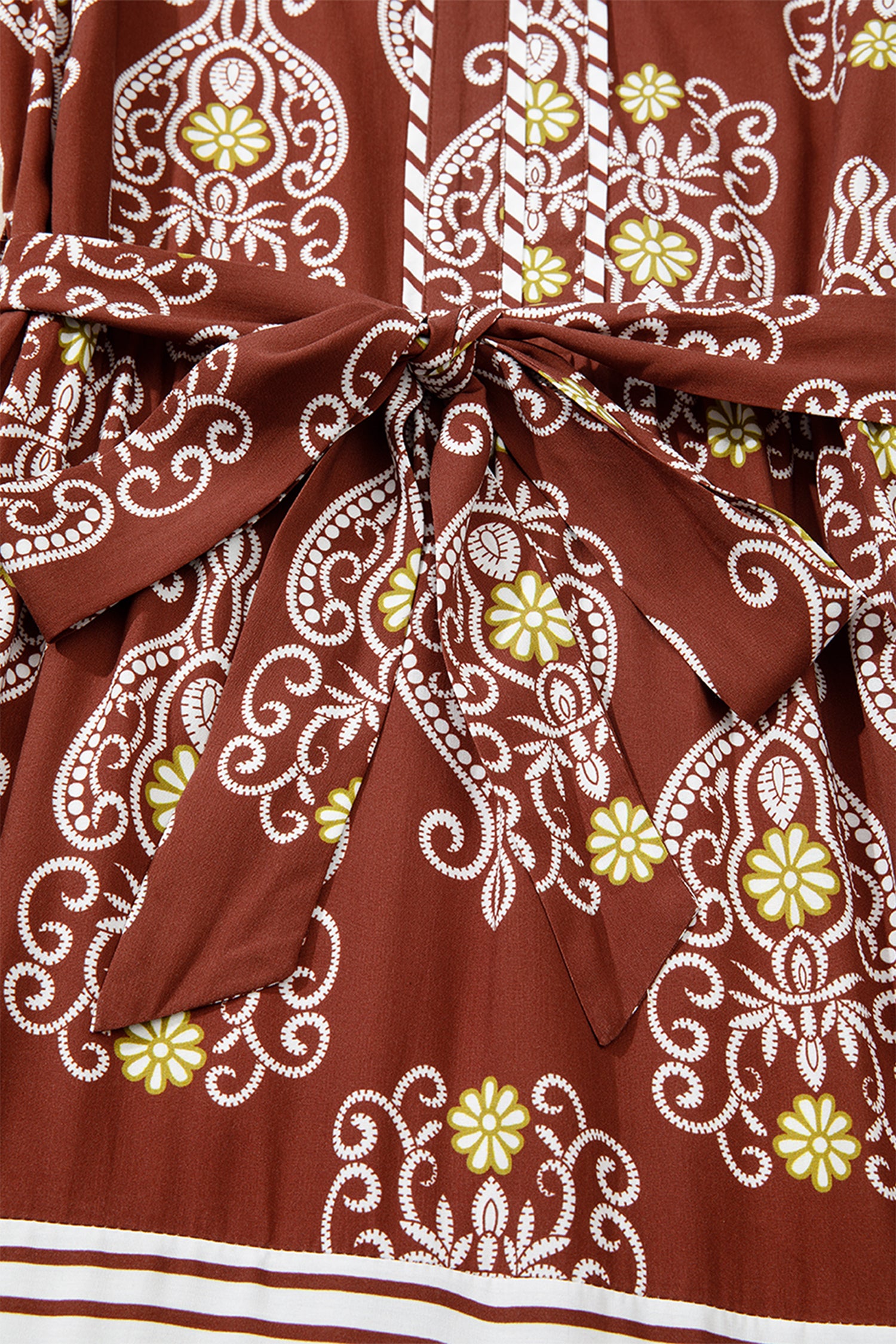 Brown Floral Print Belted Striped Trim Tiered Maxi Dress | Boho Summer