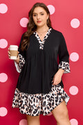 Women's Black Plus Size Leopard Patchwork V Neck 3/4 Sleeve Ruffle Hem Mini Dress at LivelyLooks