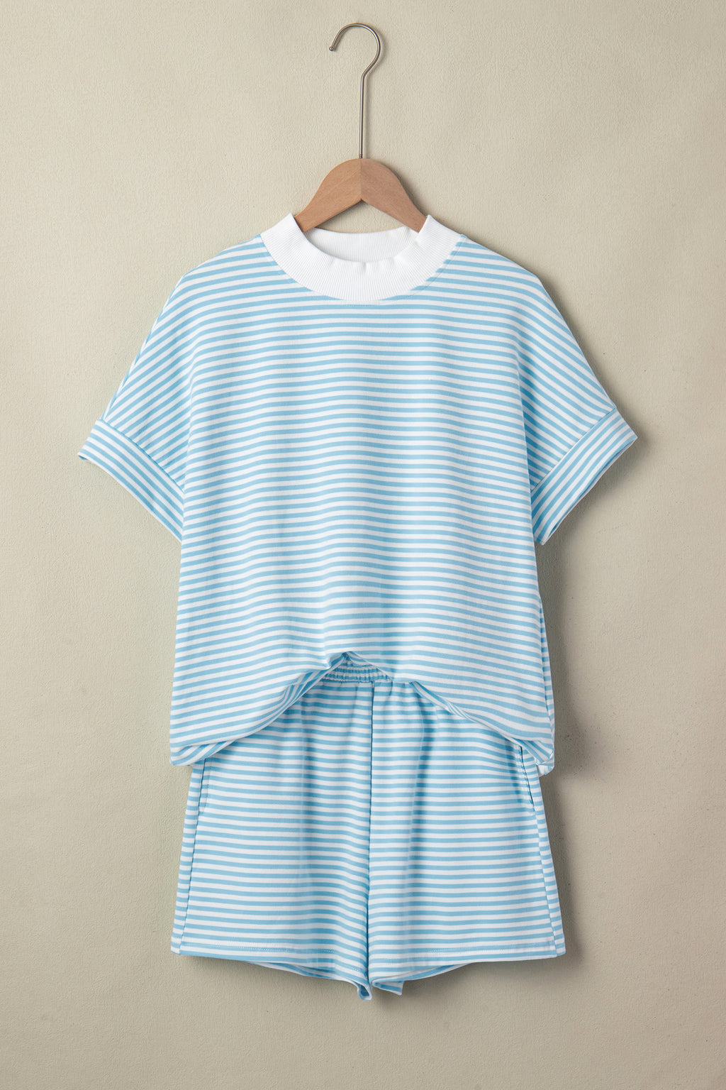Striped Cuffed Sleeve Mock Neck Tee & Shorts Co-ord | Sky Blue, Pink & Green