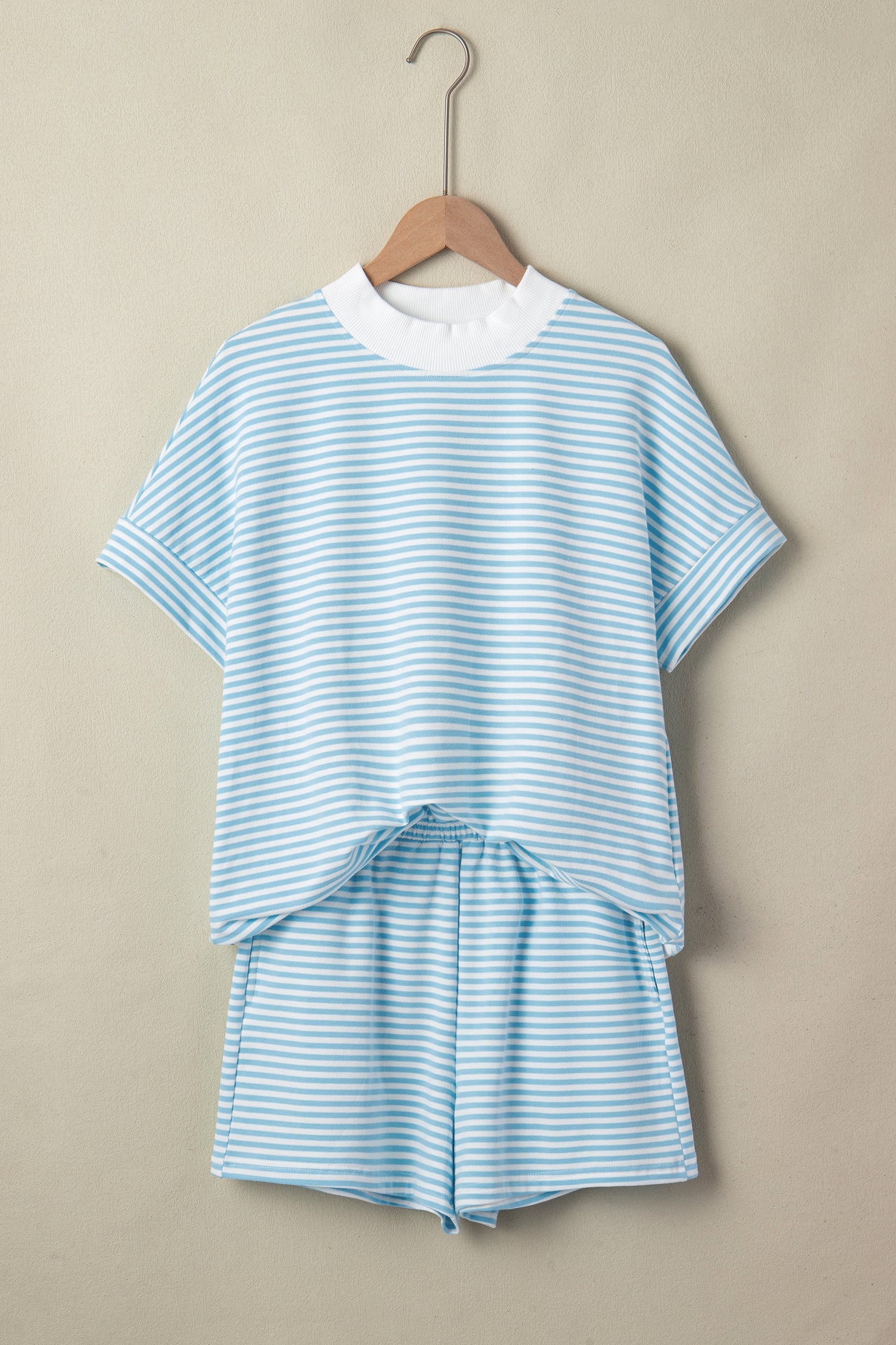 Striped Cuffed Sleeve Mock Neck Tee & Shorts Co-ord | Sky Blue, Pink & Green