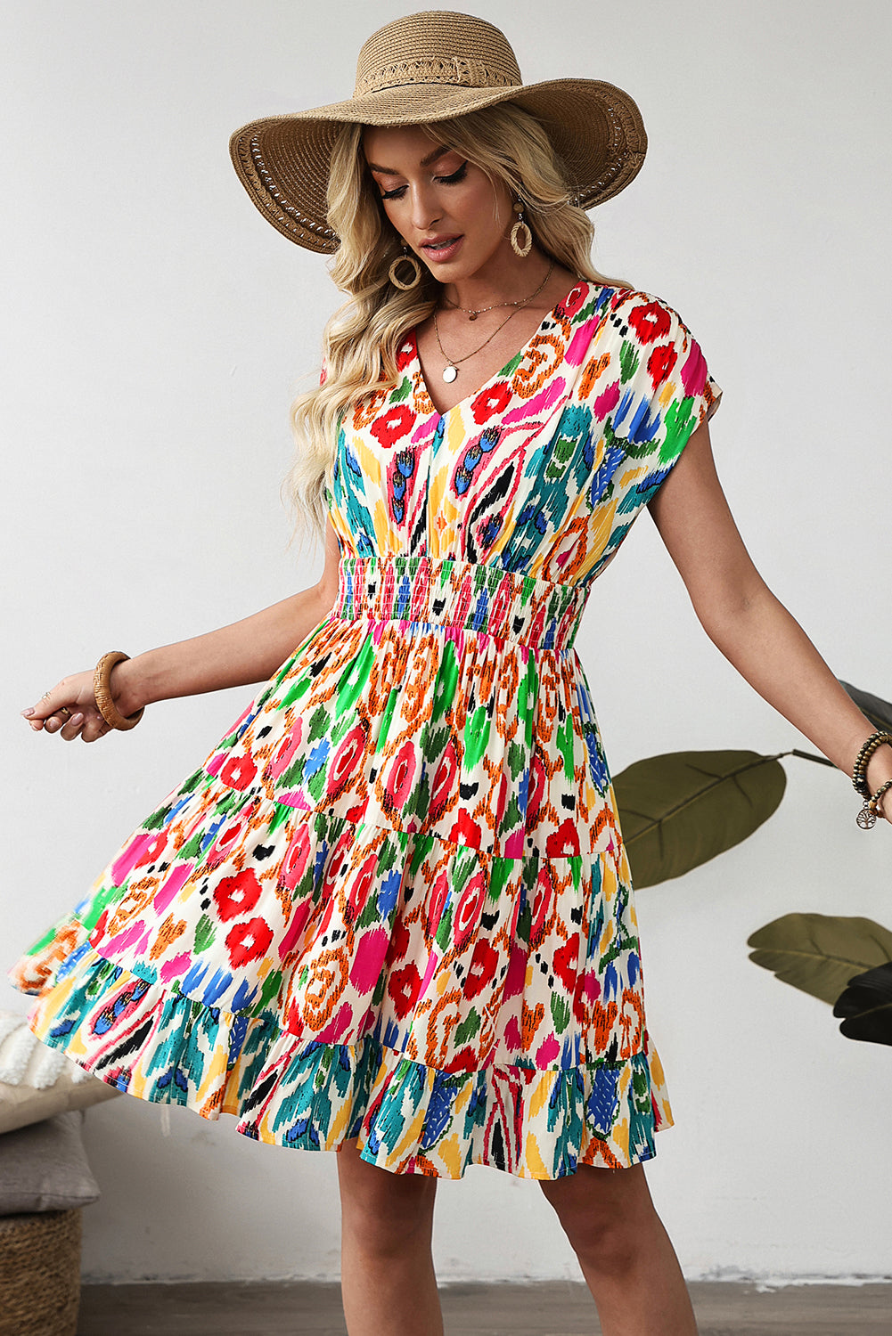 Women's Abstract Print V-Neck Dolman Sleeve Ruffle Tiered Mini Dress S-XL at LivelyLooks