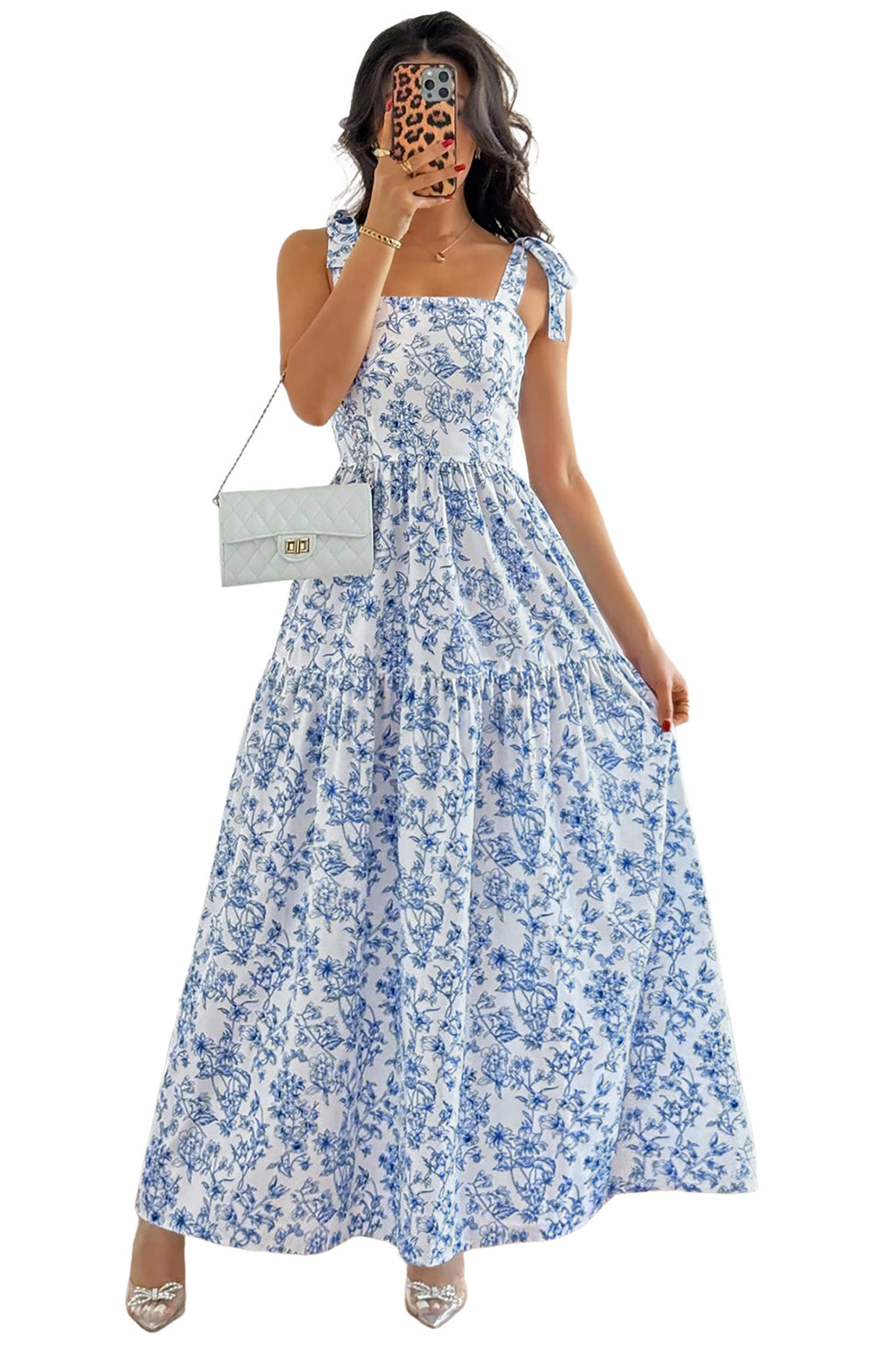 Sky Blue Floral Maxi Dress Knot Straps High Waist Flared Women S-XL
