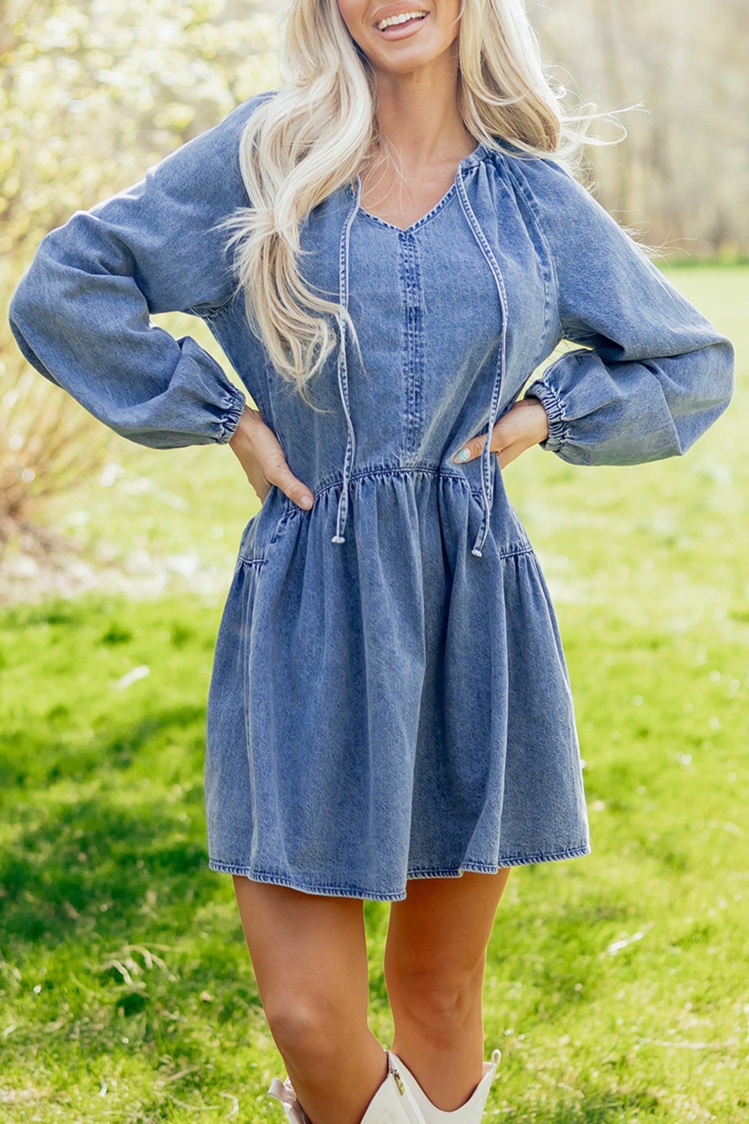 LivelyLooks Blue Denim Puff Sleeve V-Neck Ruffled Mini Dress women's fashion