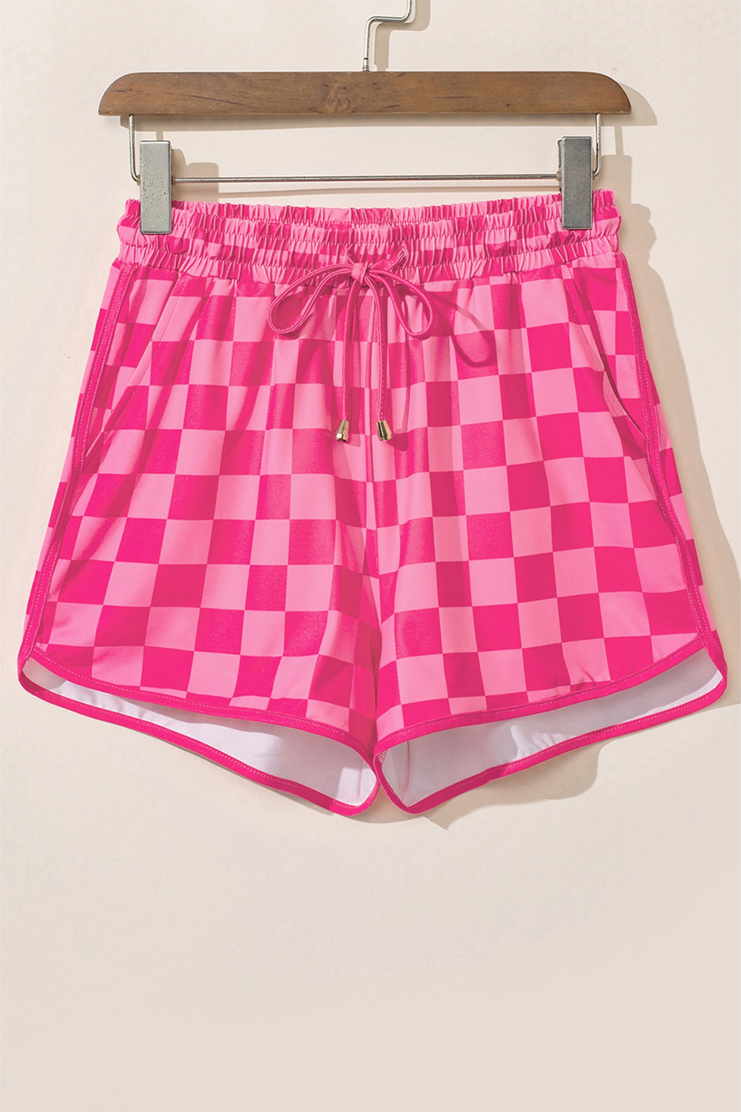Rose Checkered Casual Shorts Drawstring Elastic Waist Women S-2XL
