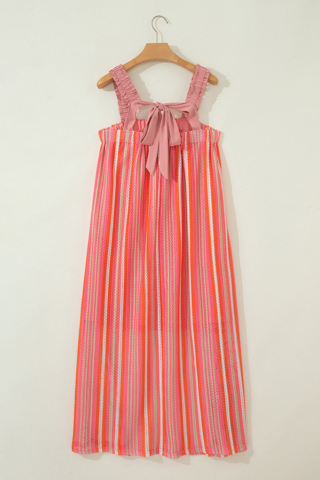 LivelyLooks Pink Stripe Maxi Dress Ruffled Straps Ribbon Knot Boho S-XL women's fashion