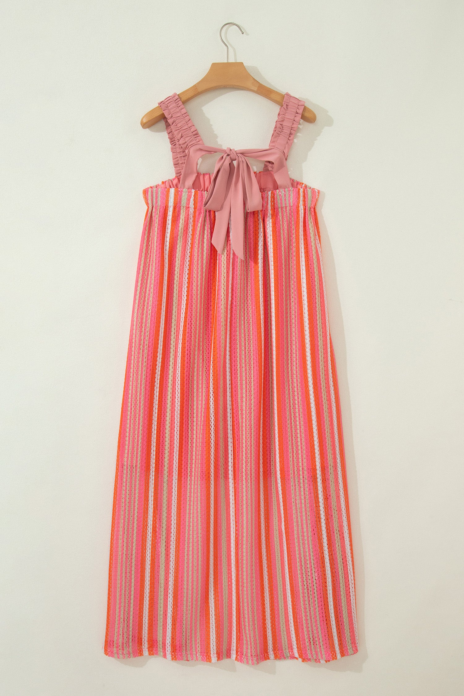 LivelyLooks Pink Stripe Maxi Dress Ruffled Straps Ribbon Knot Boho S-XL women's fashion