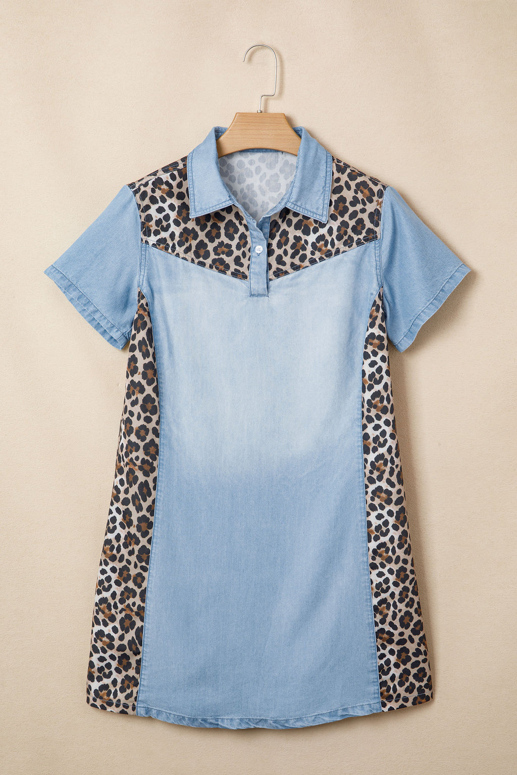 Blue Denim Colour Block Leopard Patchwork Shirt Collar Mini Dress S-XL