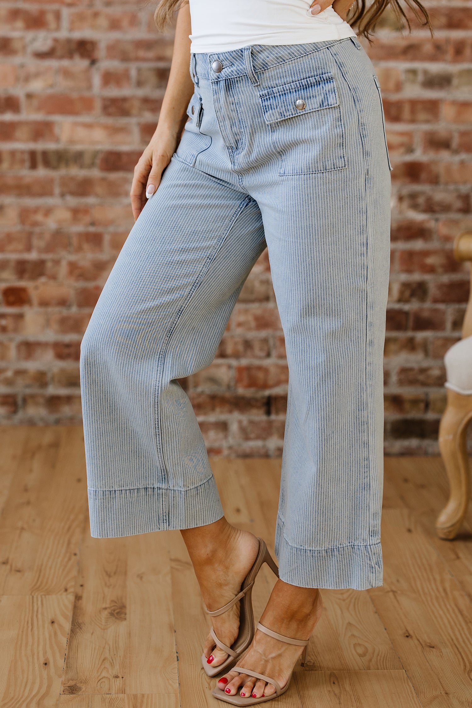 Women's Women's Stripe Wide Leg Jeans Button Flap Pocket Cuffed Hem Sizes 4-16 at LivelyLooks