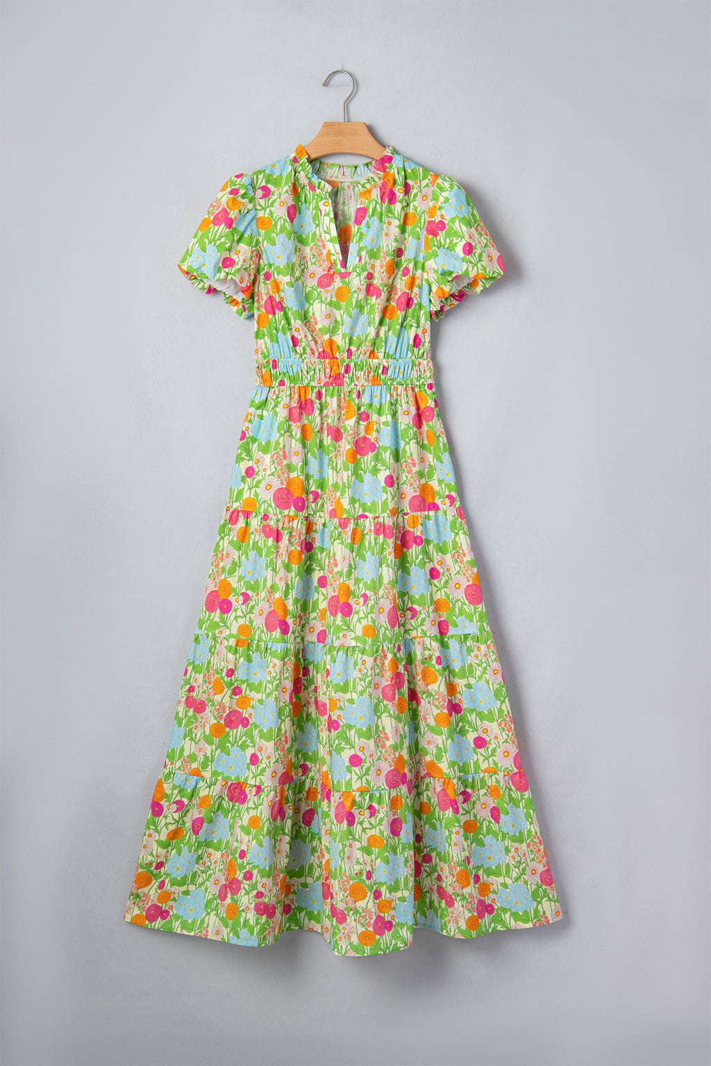 Shop Green Floral Print V-Neck Puff Sleeve Cotton Maxi Dress at LivelyLooks