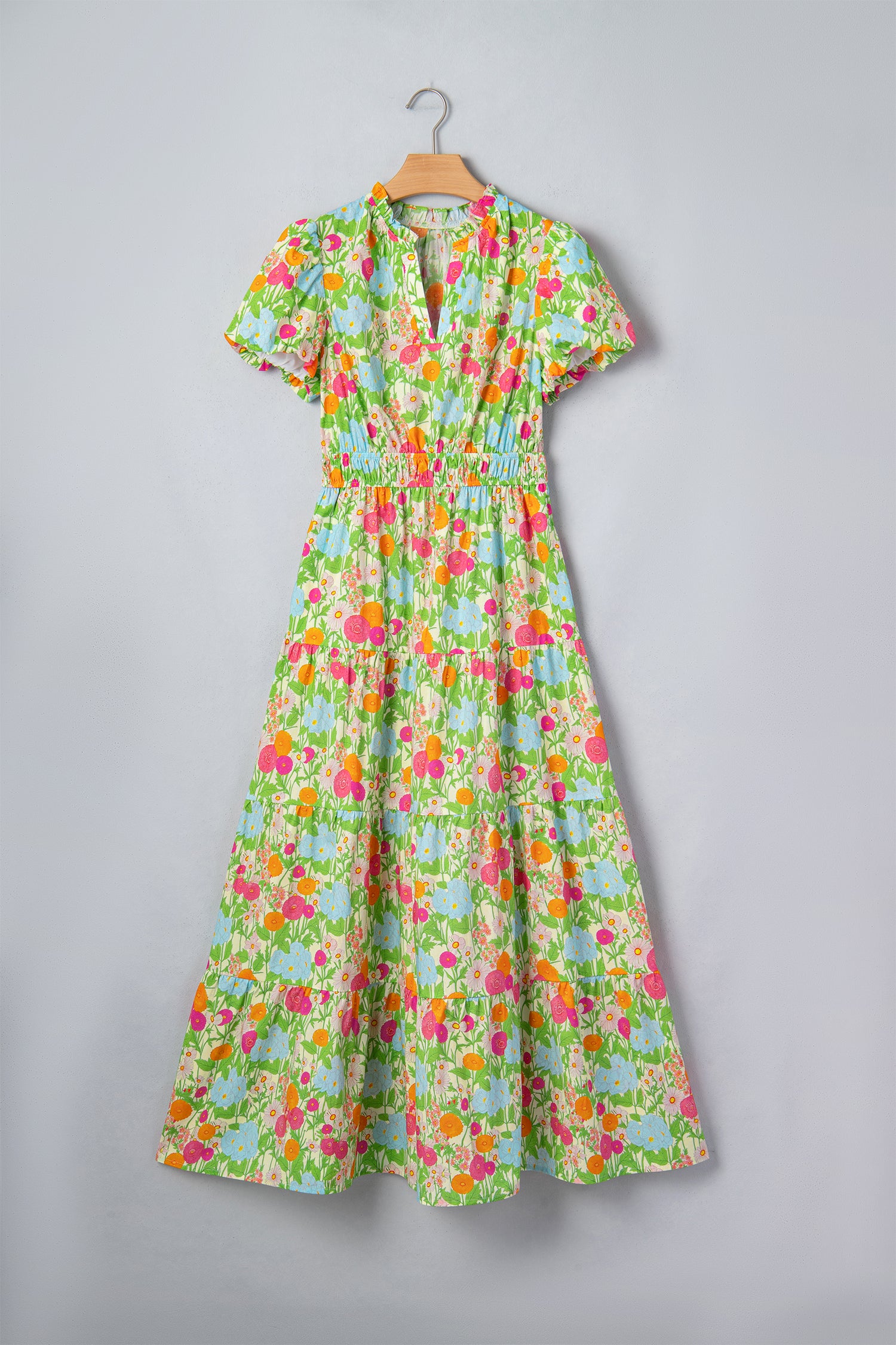 Shop Green Floral Print V-Neck Puff Sleeve Cotton Maxi Dress at LivelyLooks