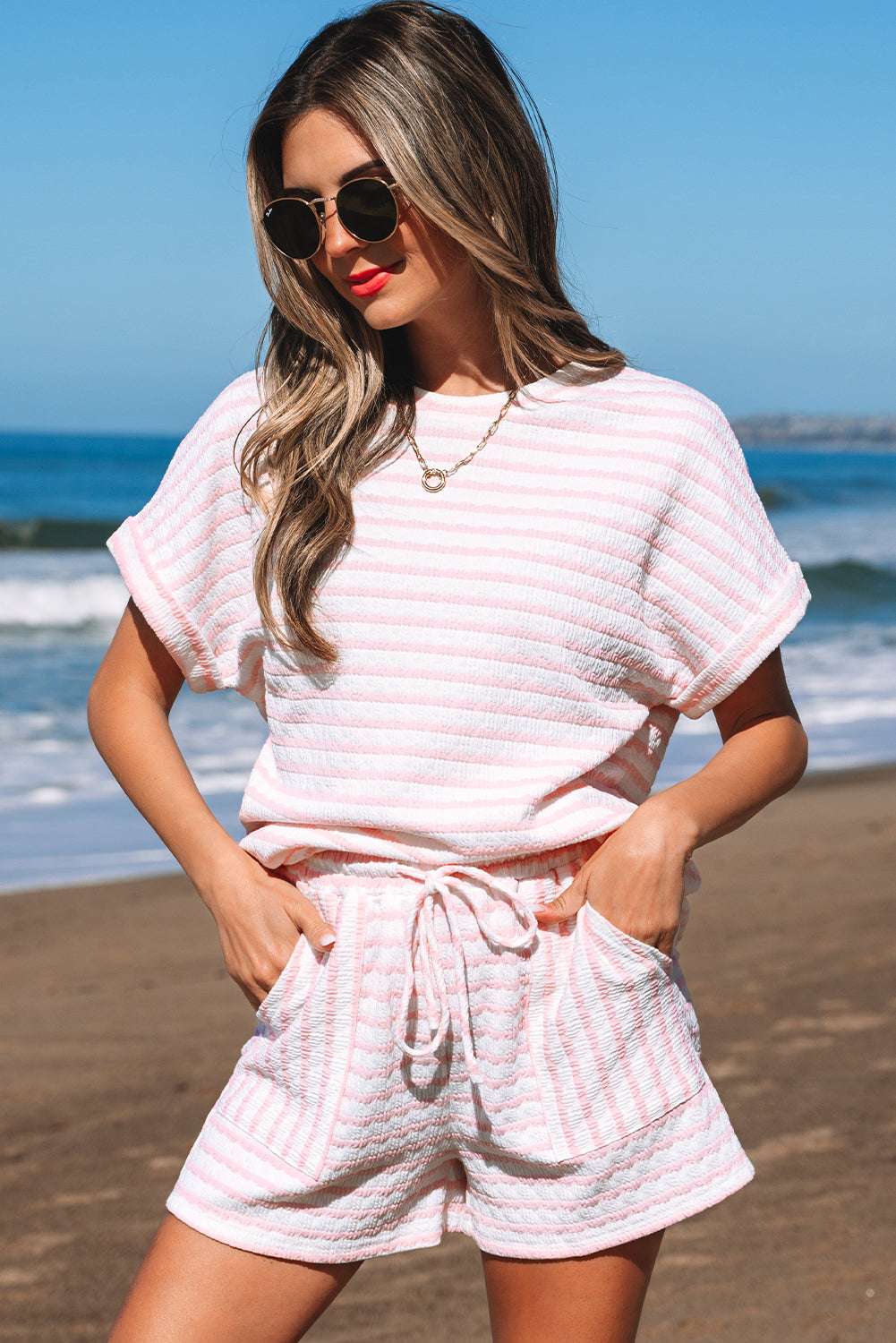 Shop Stripe Knitted Short Sleeve Top & Drawstring Shorts Co-ord S-3XL at LivelyLooks