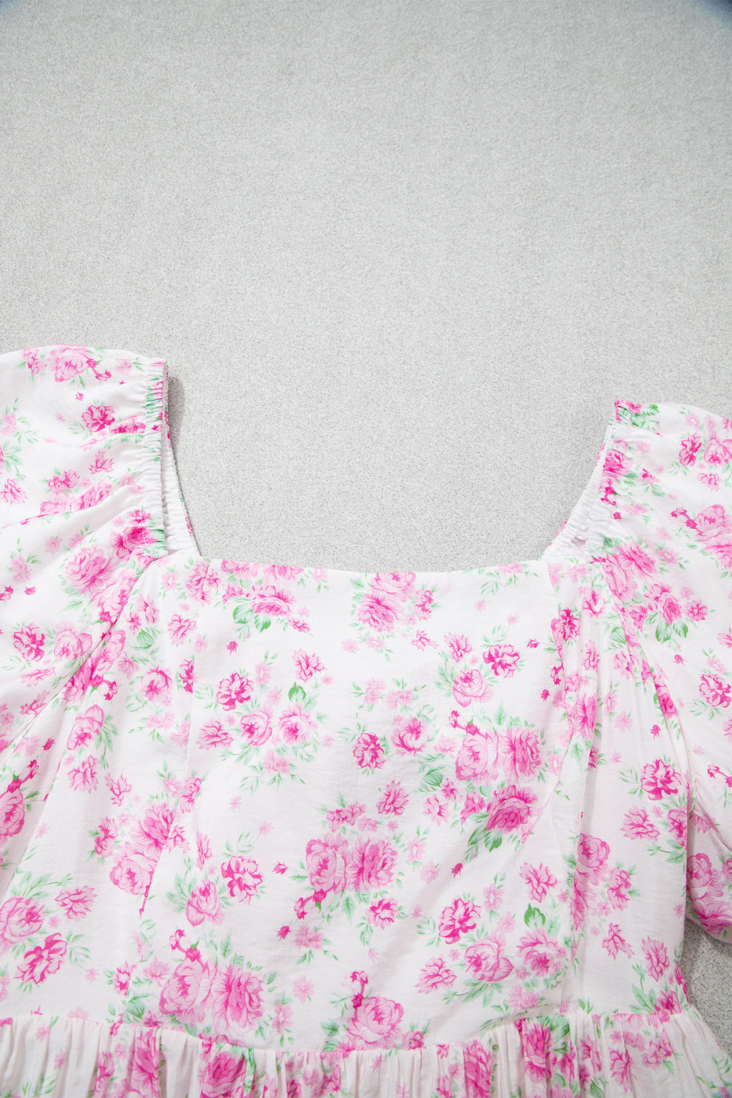 Pink Floral Mini Dress Square Neck Ribbon Knot Back Puff Sleeve Women S-XL