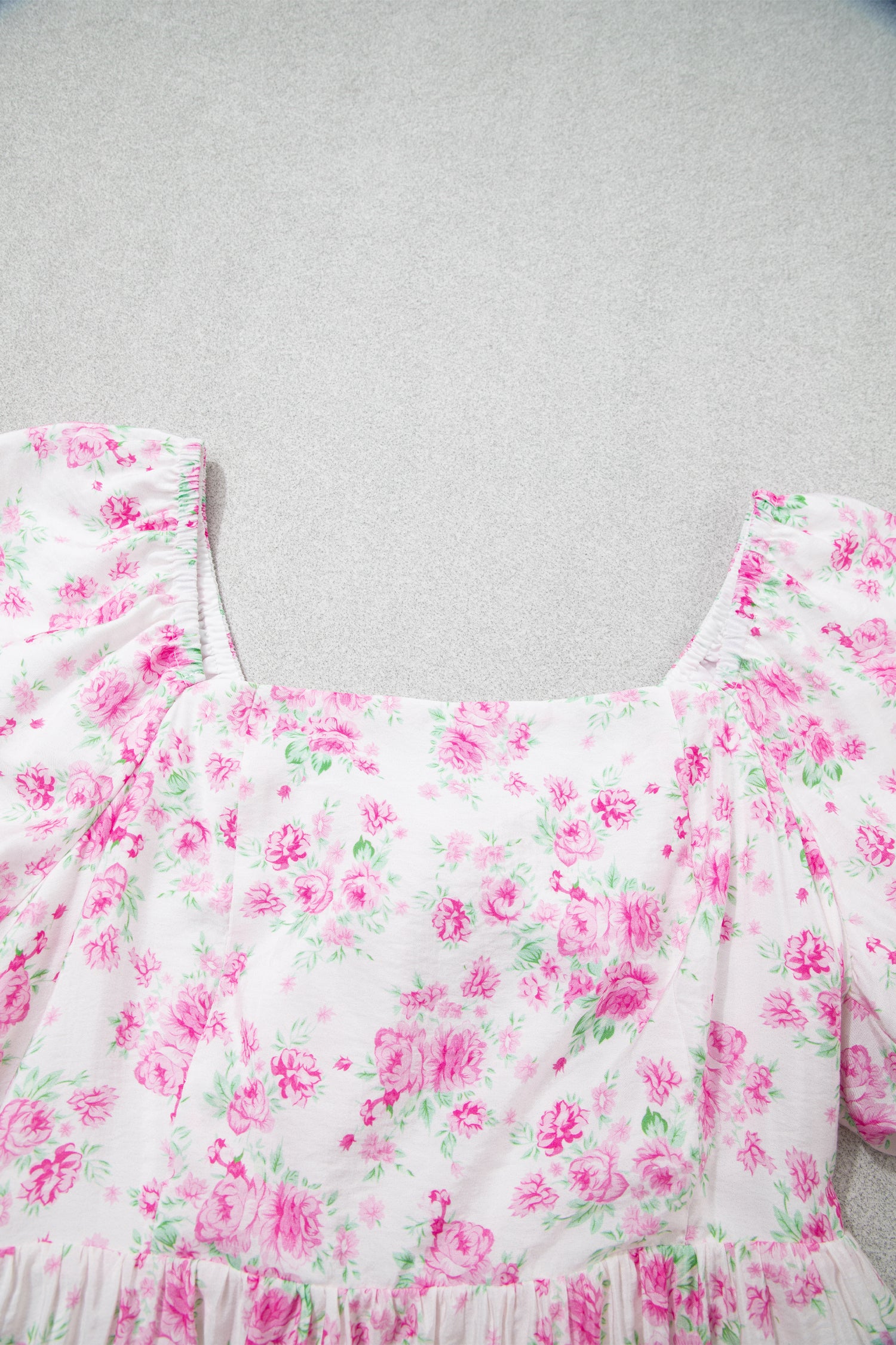 Pink Floral Mini Dress Square Neck Ribbon Knot Back Puff Sleeve Women S-XL
