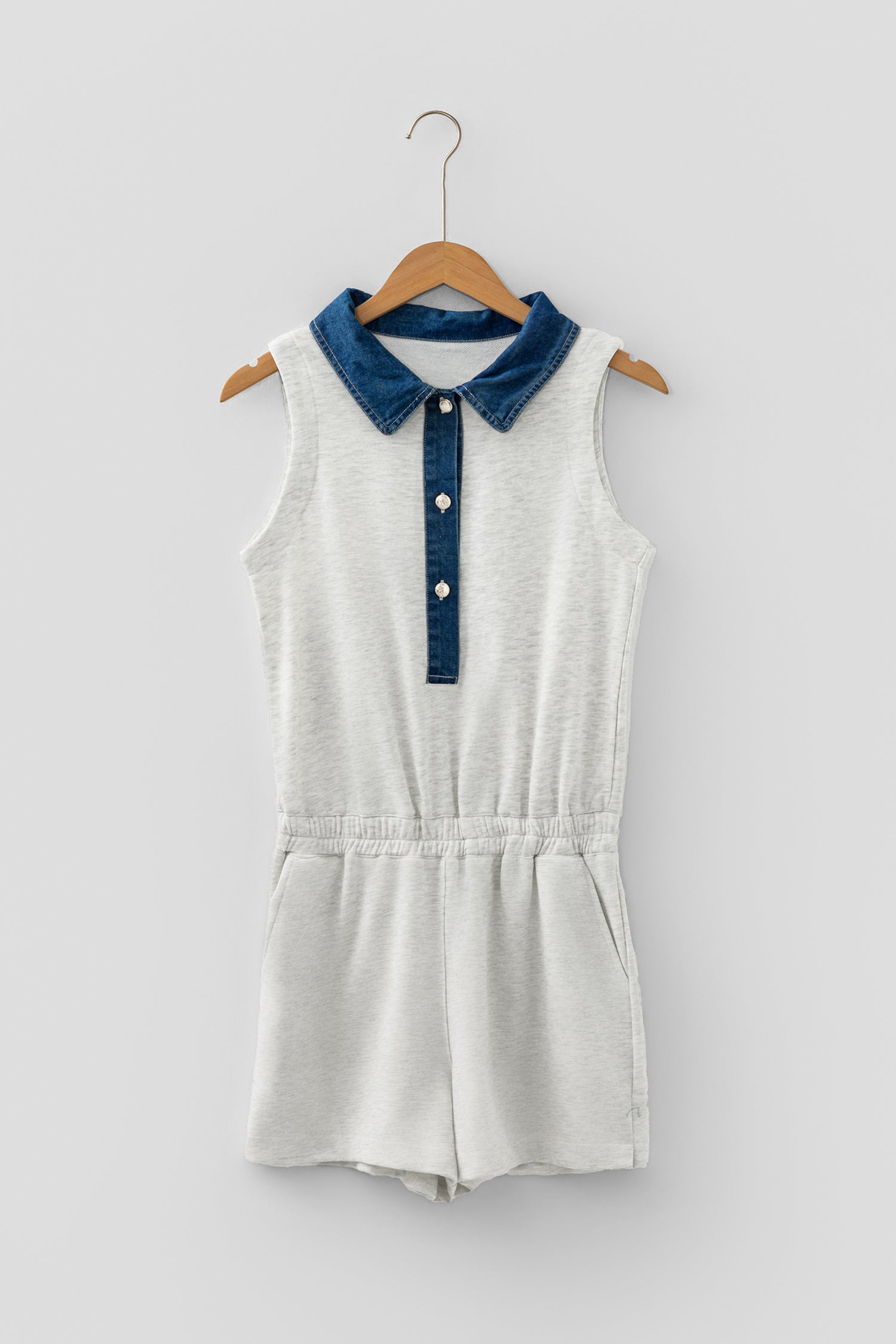 Light Grey Denim Patchwork Polo Collar Sleeveless Romper | UK 8–18