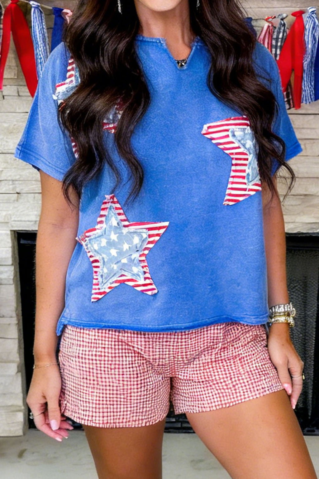 Women's White & Sky Blue Star Patch Notched Neck Mineral Wash Dolman Tee at LivelyLooks